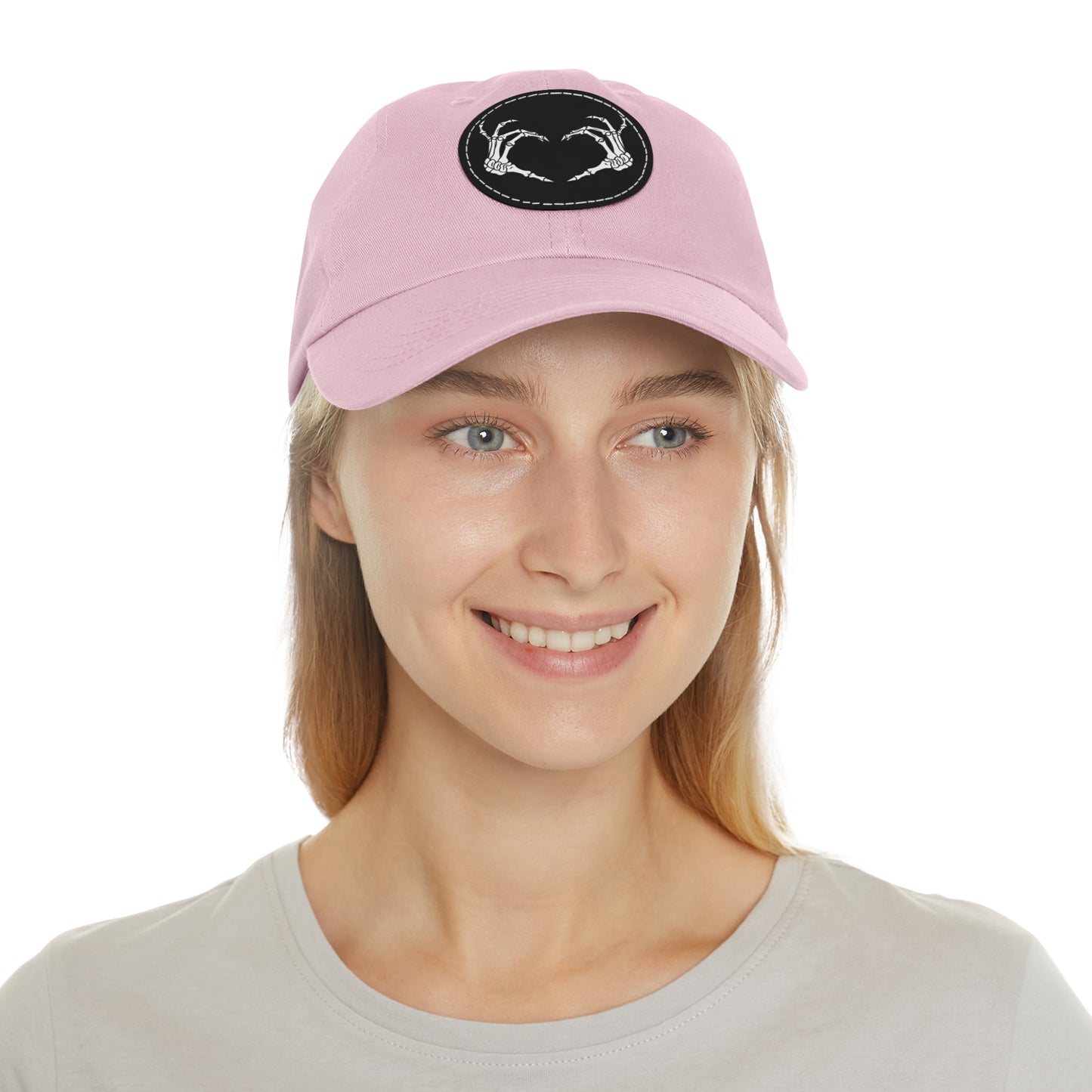 Skeleton Heart Hands Embroidery Dad Hat with Leather Patch (Round)