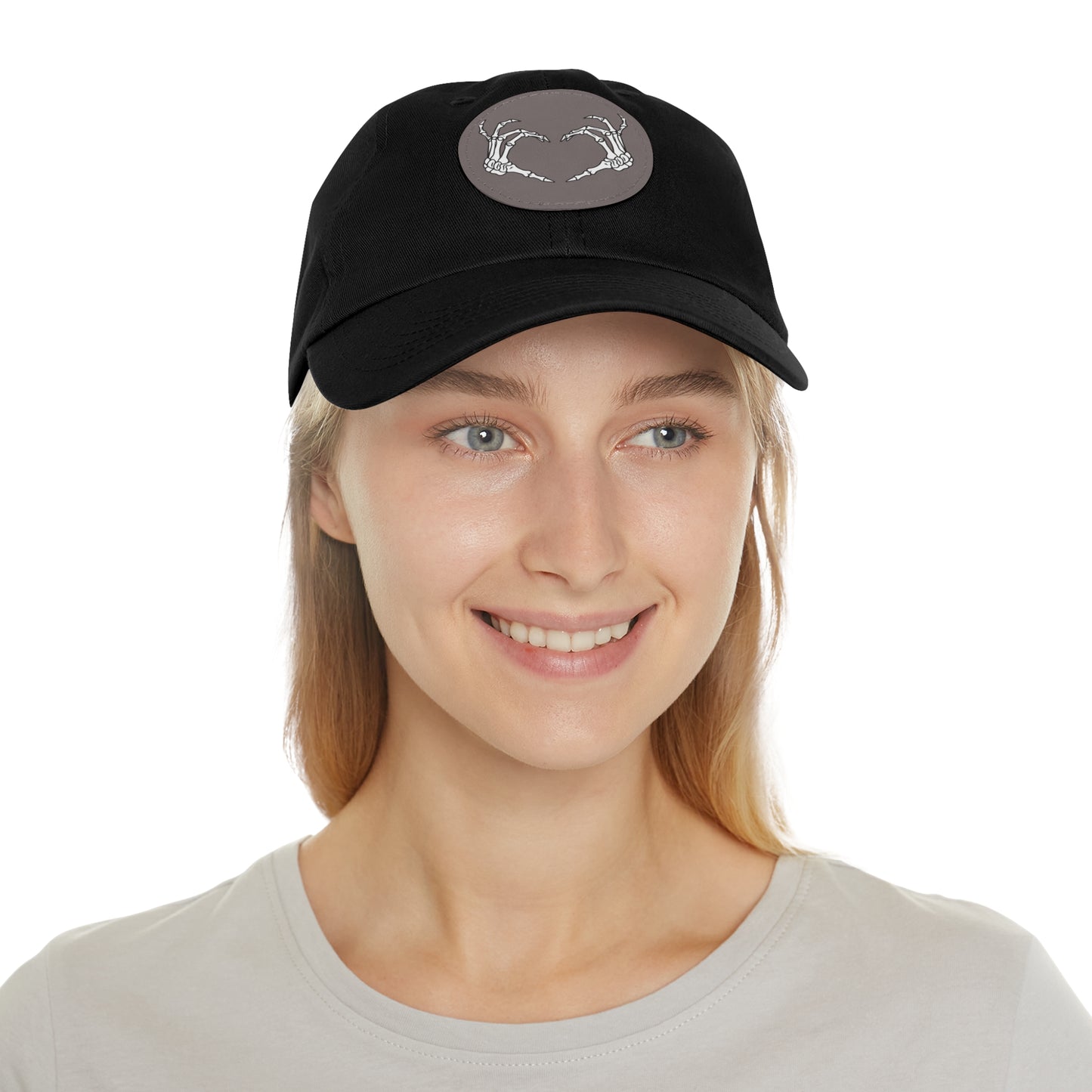 Skeleton Heart Hands Embroidery Dad Hat with Leather Patch (Round)