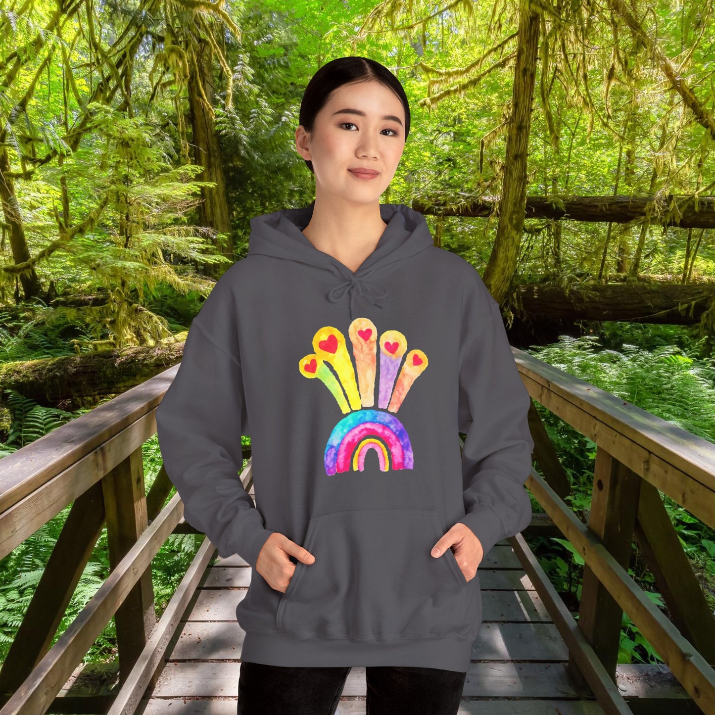 Kids Drawing Rainbow and Hearts Unisex Heavy Blend™ Hooded Sweatshirt