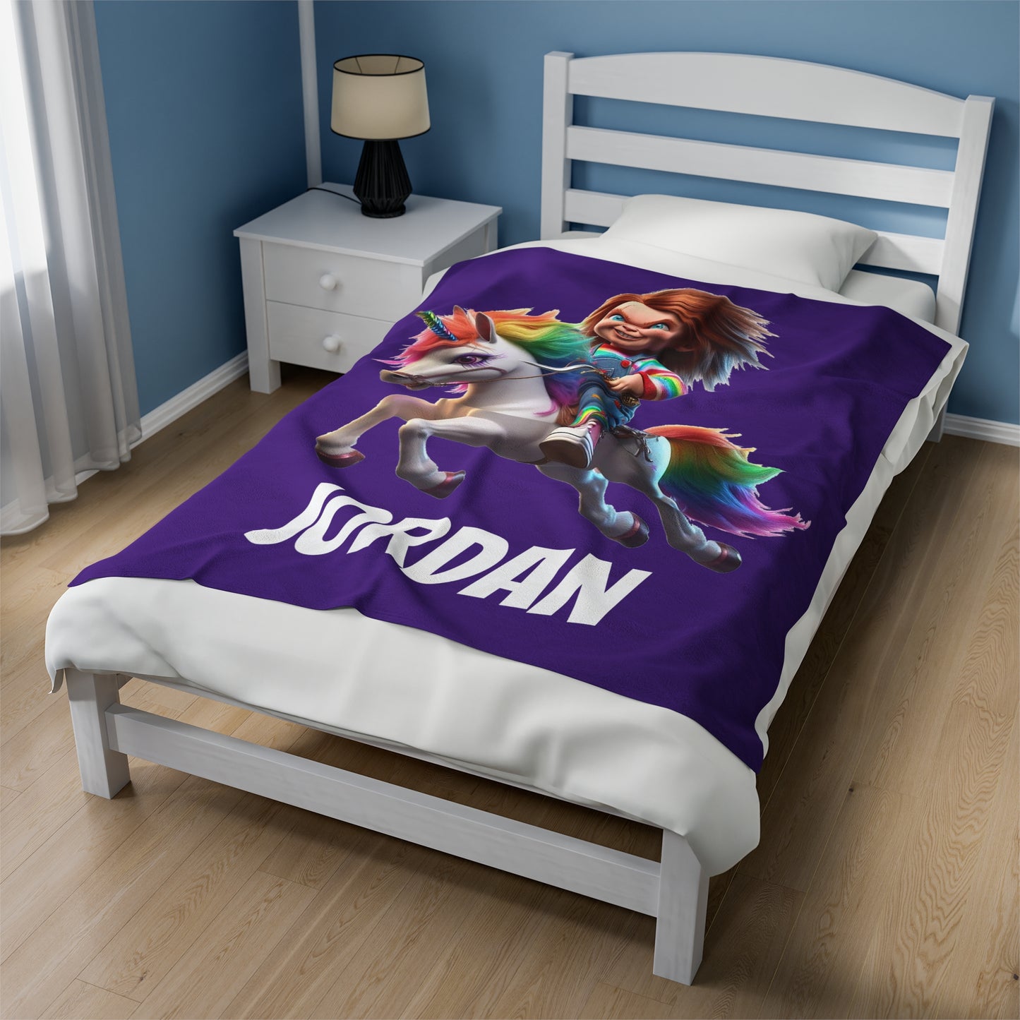 Chucky riding a Unicorn Velveteen Plush Blanket