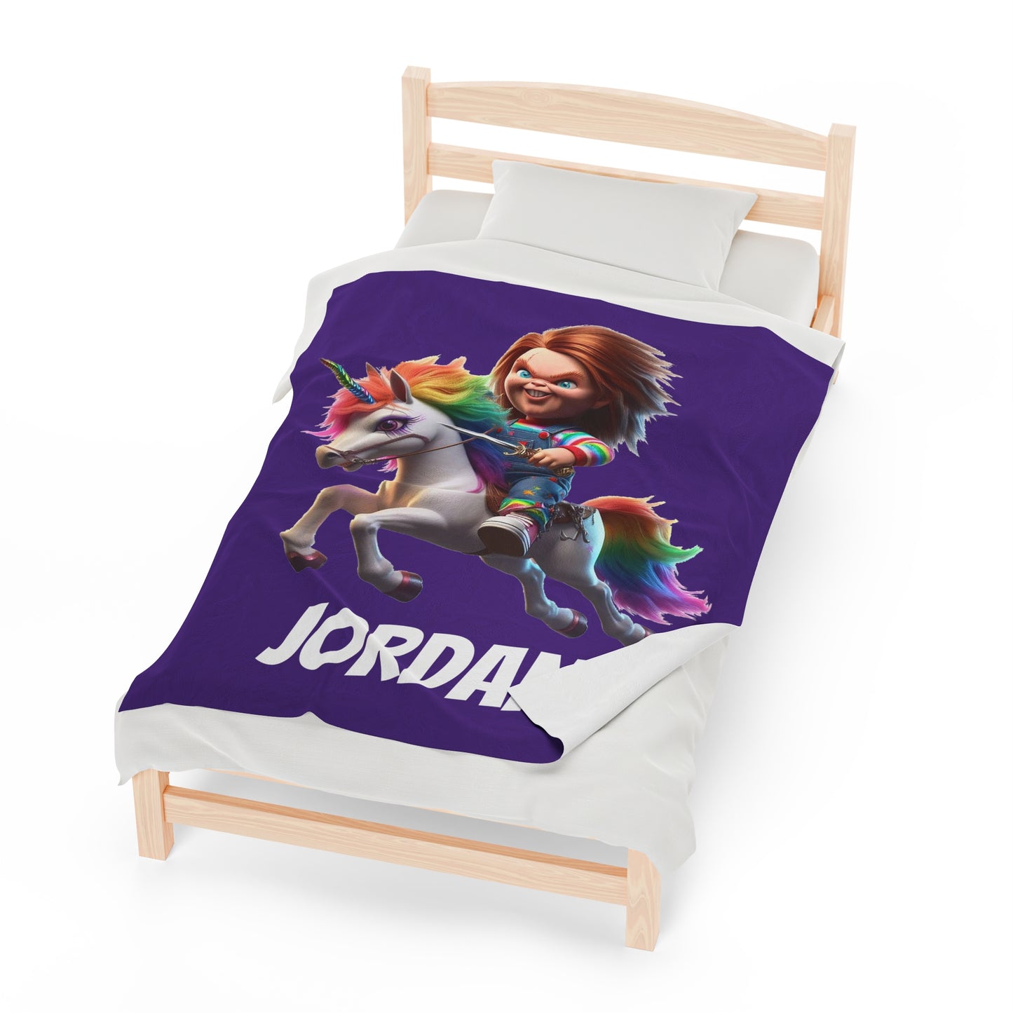 Chucky riding a Unicorn Velveteen Plush Blanket