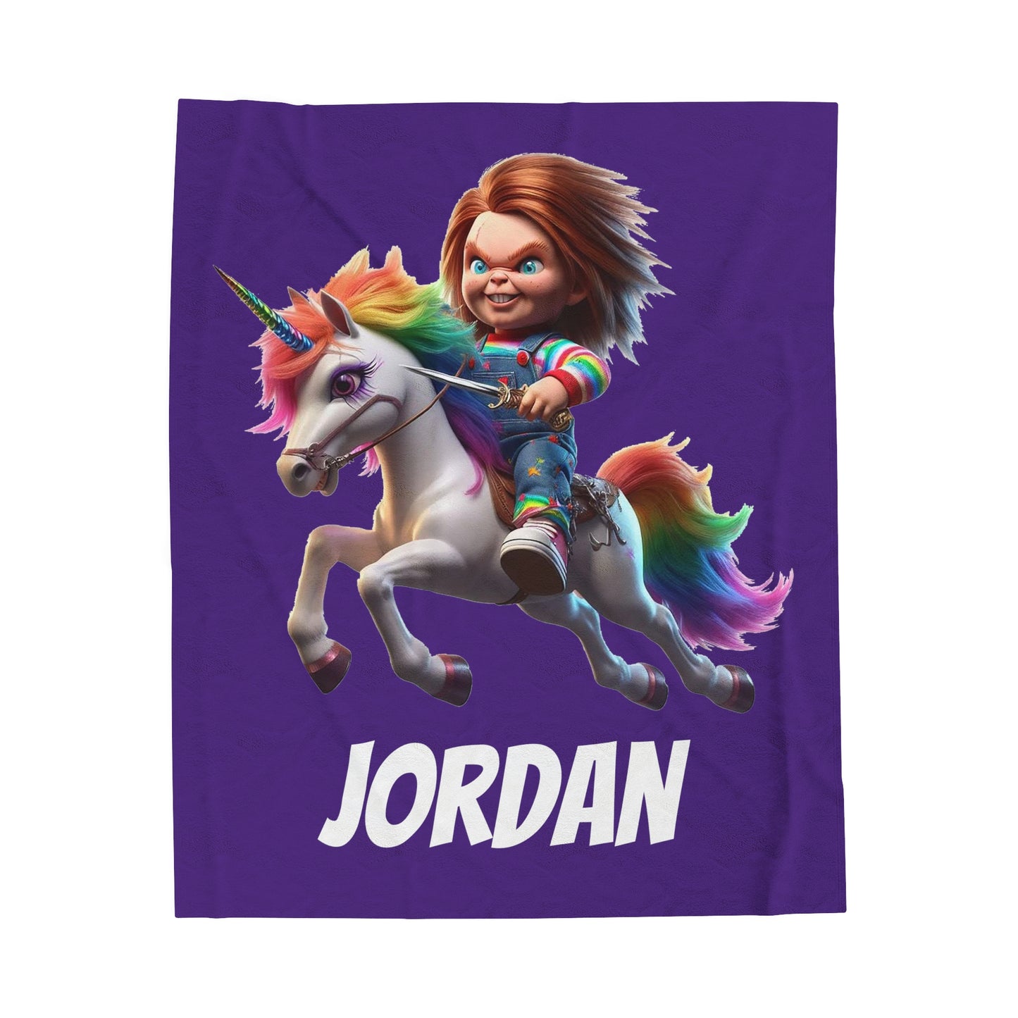 Chucky riding a Unicorn Velveteen Plush Blanket