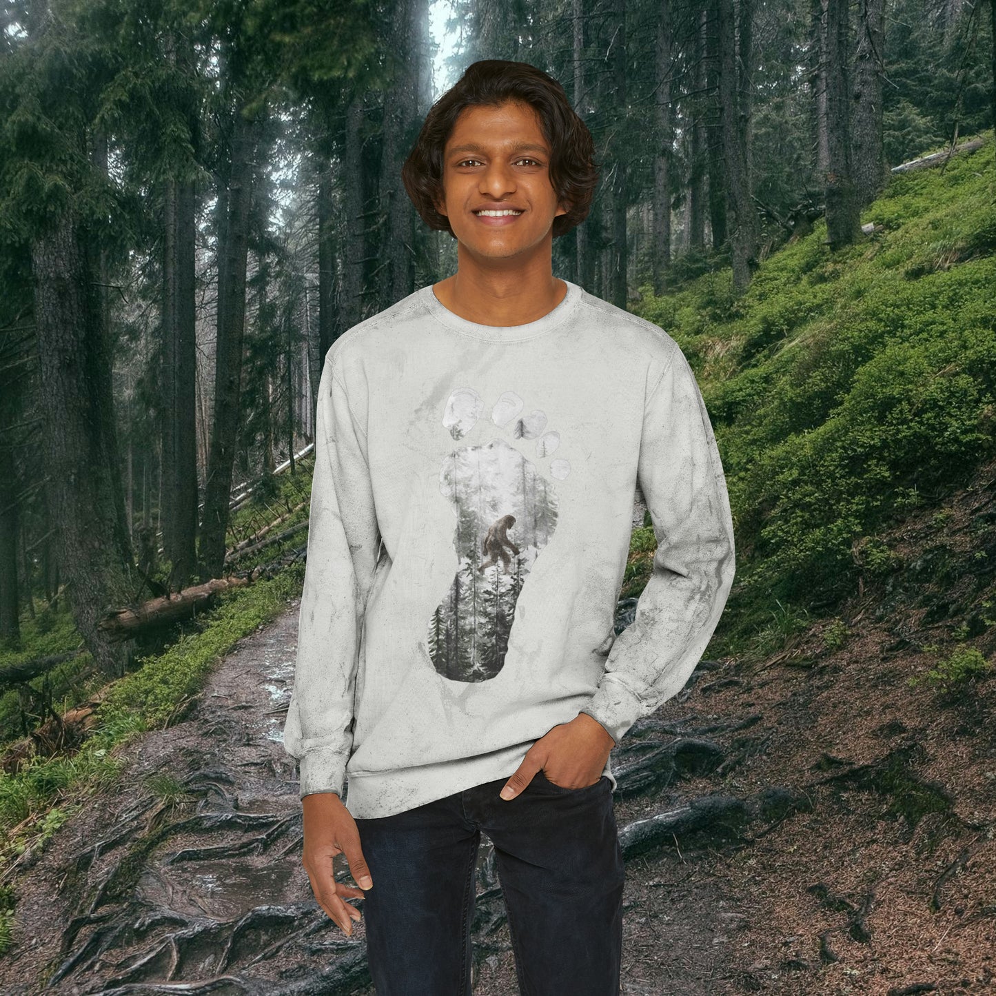 Bigfoot in the Forest Foot Print Unisex Color Blast Crewneck Sweatshirt