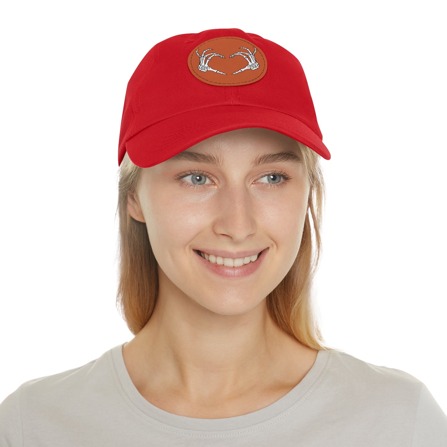 Skeleton Heart Hands Embroidery Dad Hat with Leather Patch (Round)