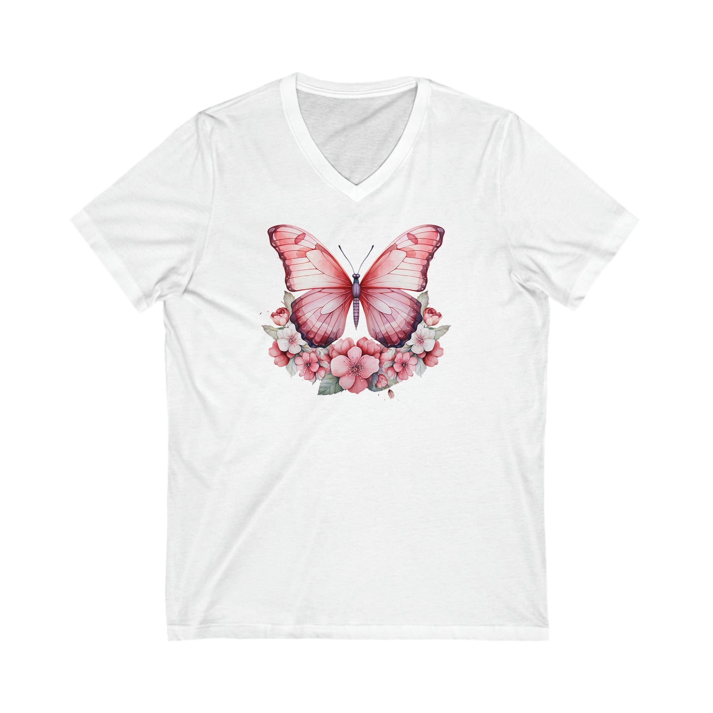 Beautiful Pink Butterfly Unisex Jersey Short Sleeve V-Neck Tee