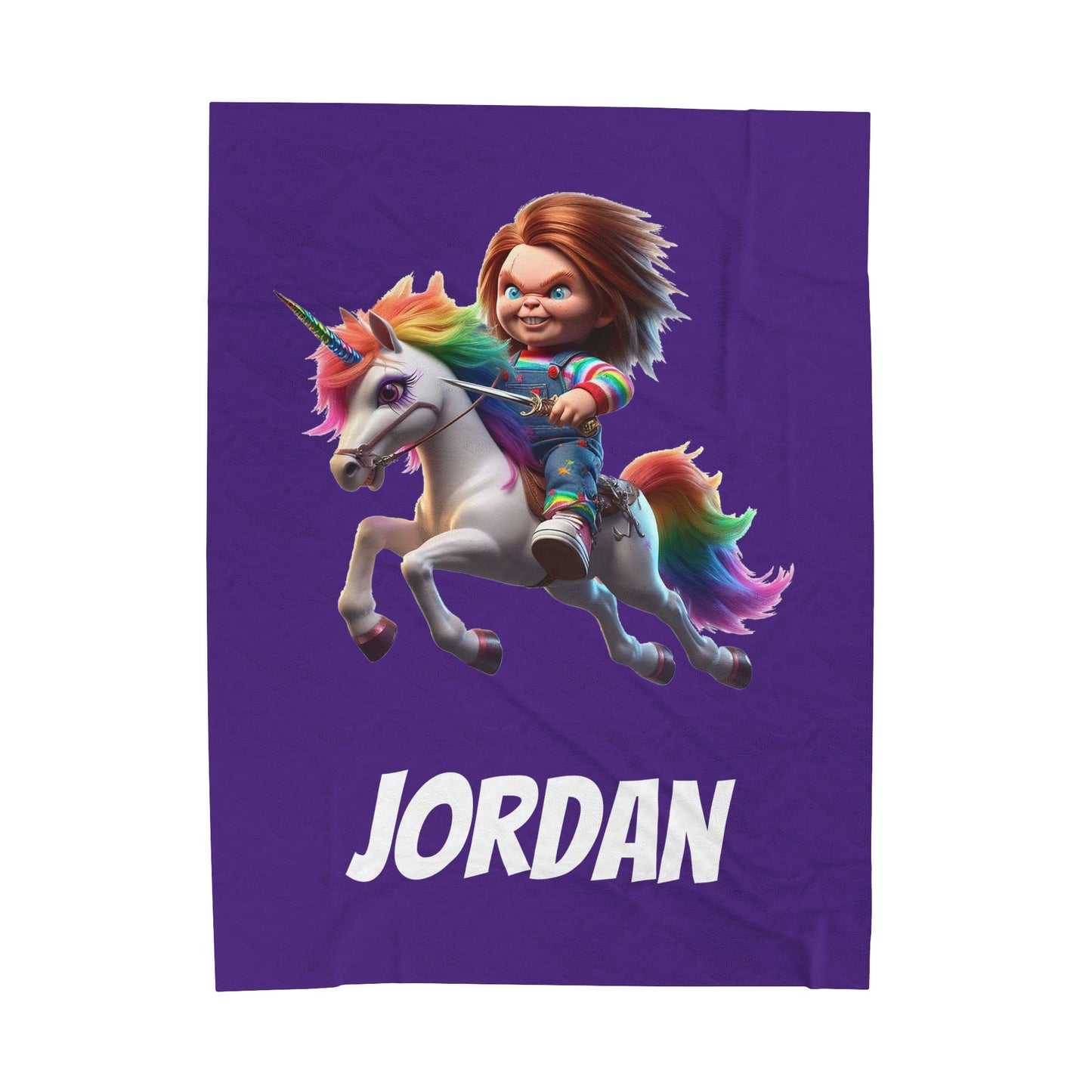 Chucky riding a Unicorn Velveteen Plush Blanket