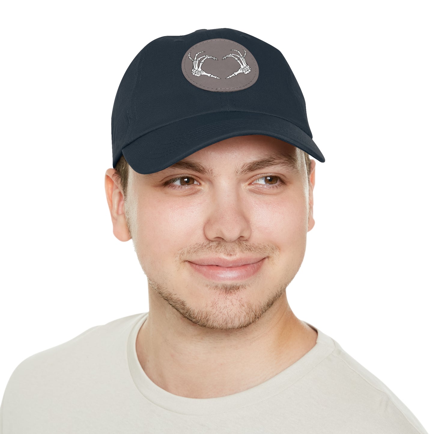 Skeleton Heart Hands Embroidery Dad Hat with Leather Patch (Round)