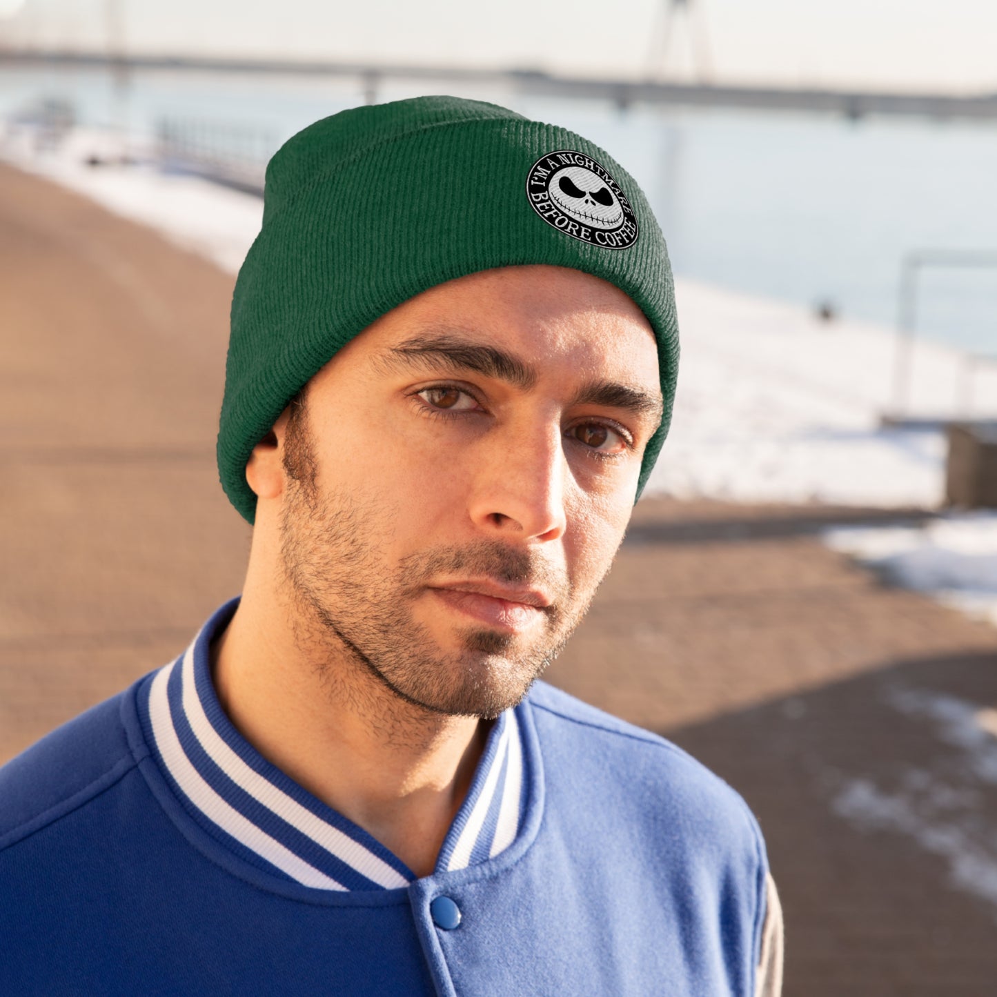 Nightmare Before Coffee Embroidery Knit Beanie