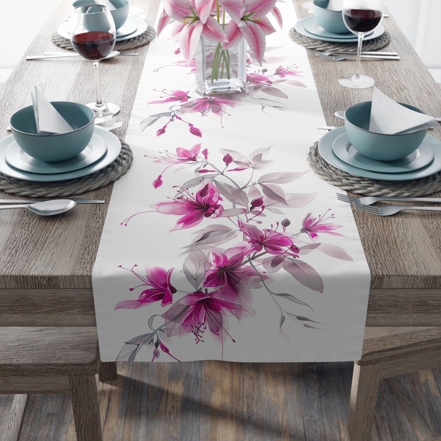 Elegant Fuchsia Flowers Table Runner (Cotton, Poly)