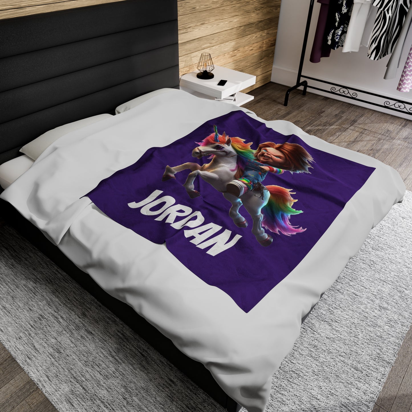 Chucky riding a Unicorn Velveteen Plush Blanket