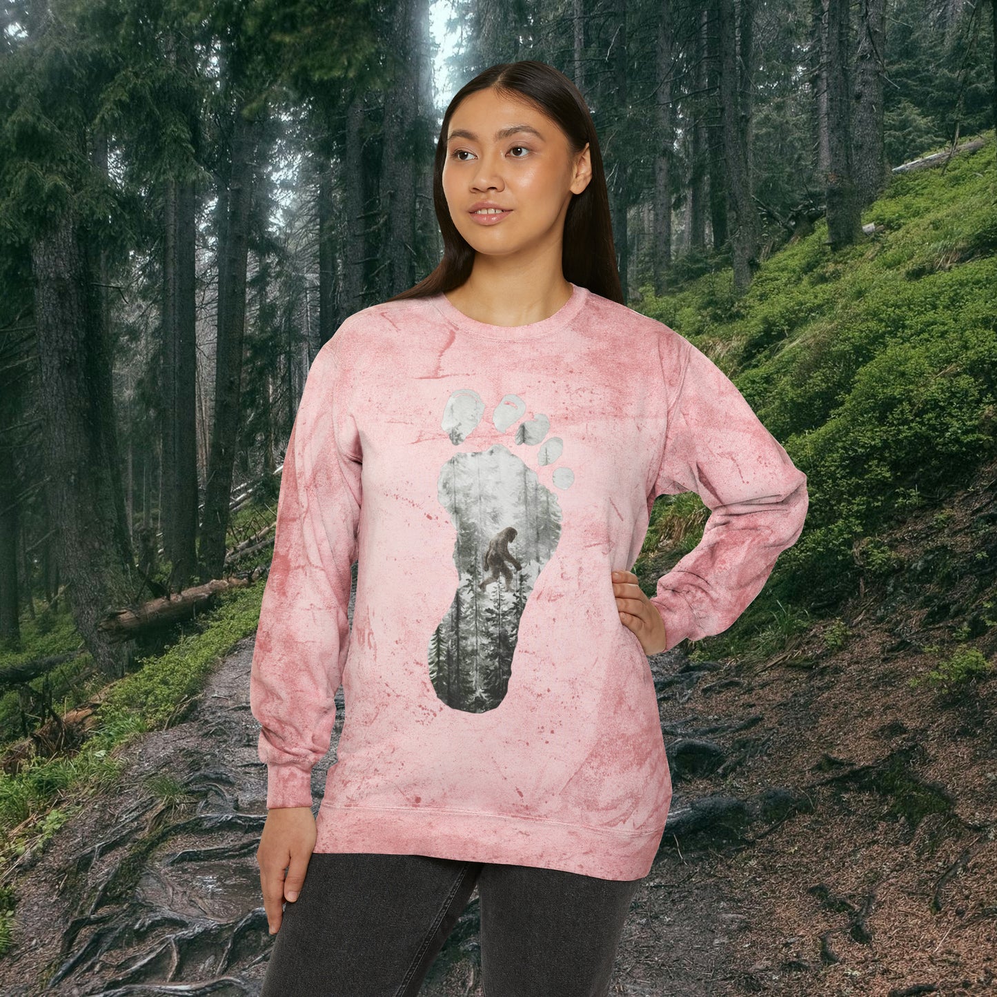 Bigfoot in the Forest Foot Print Unisex Color Blast Crewneck Sweatshirt