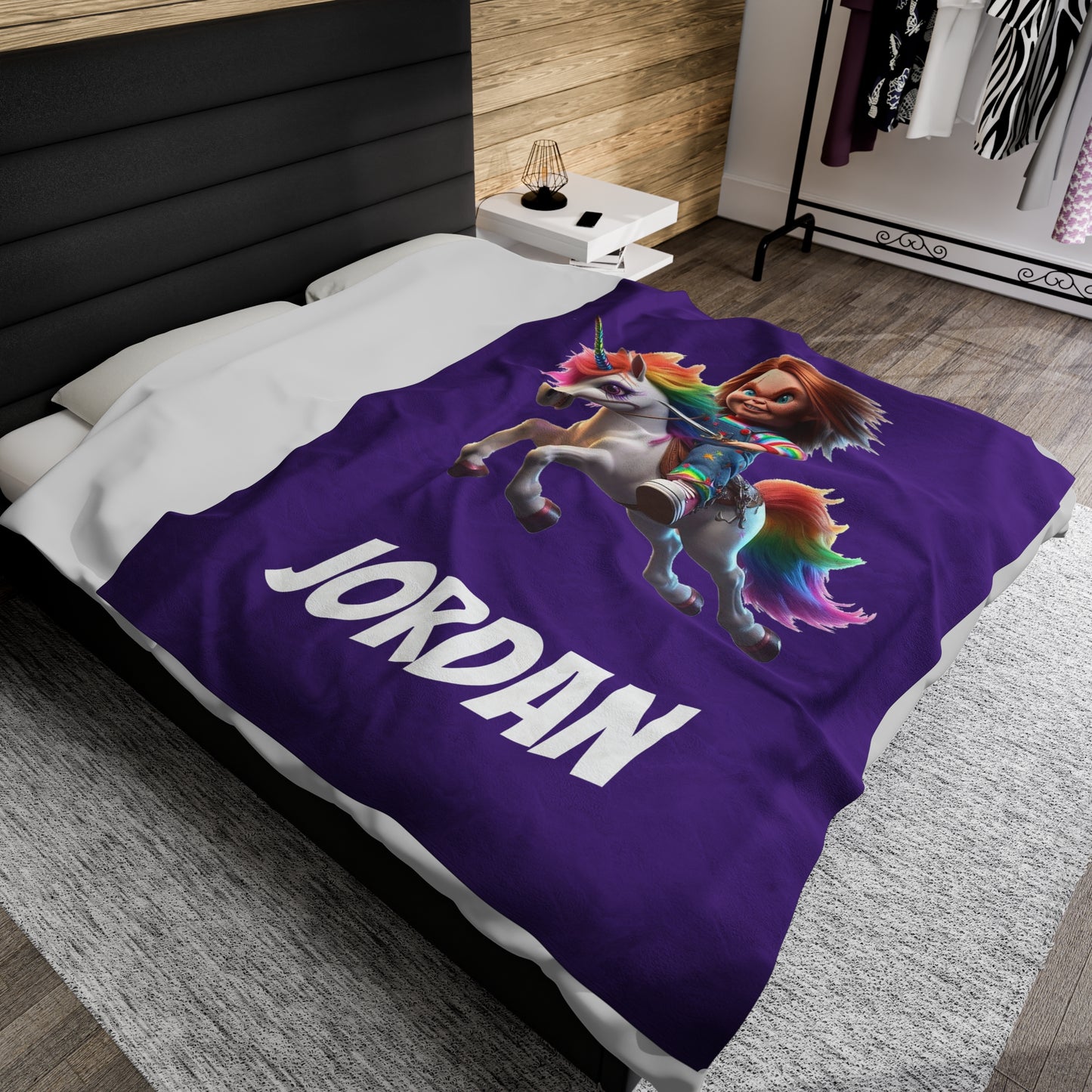 Chucky riding a Unicorn Velveteen Plush Blanket