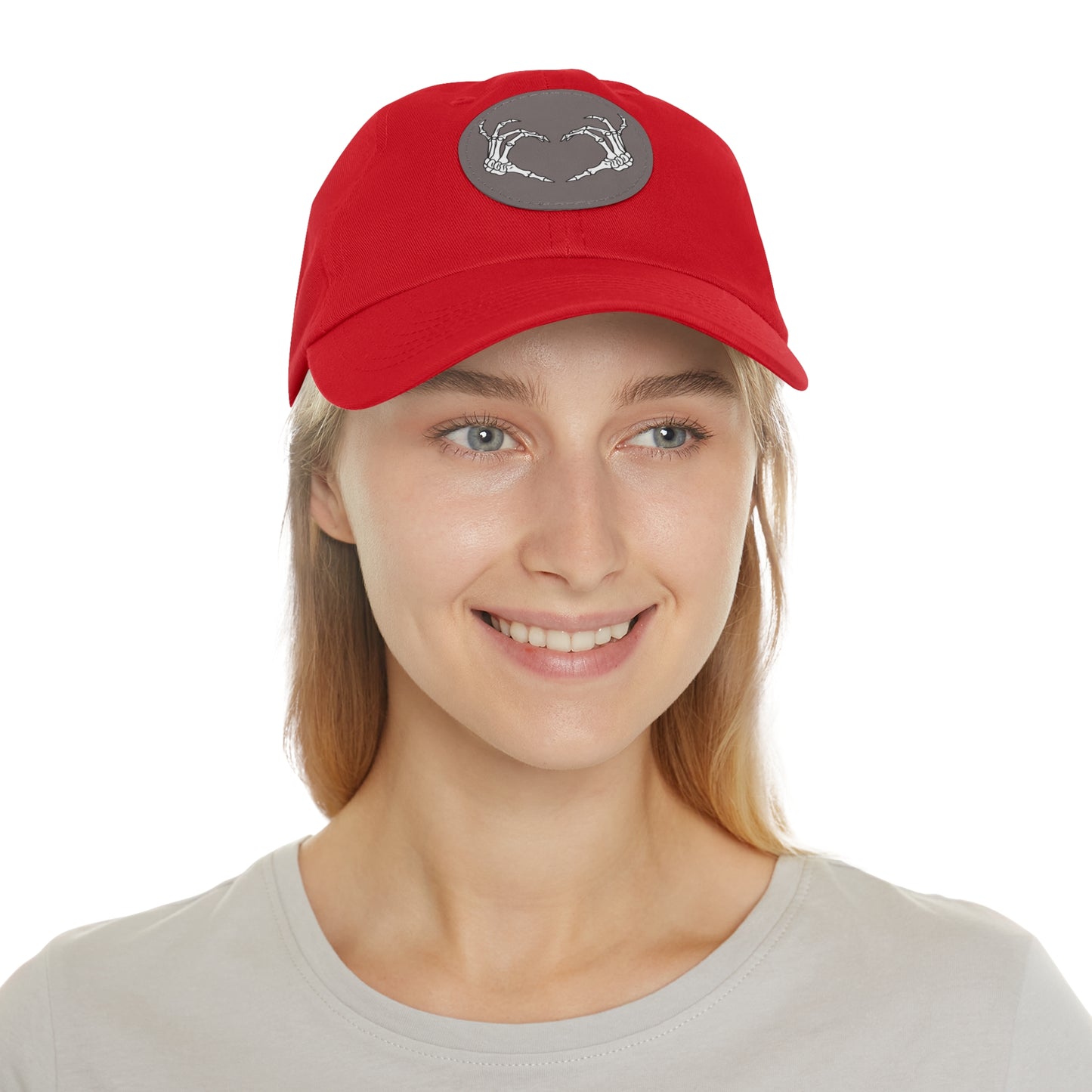Skeleton Heart Hands Embroidery Dad Hat with Leather Patch (Round)