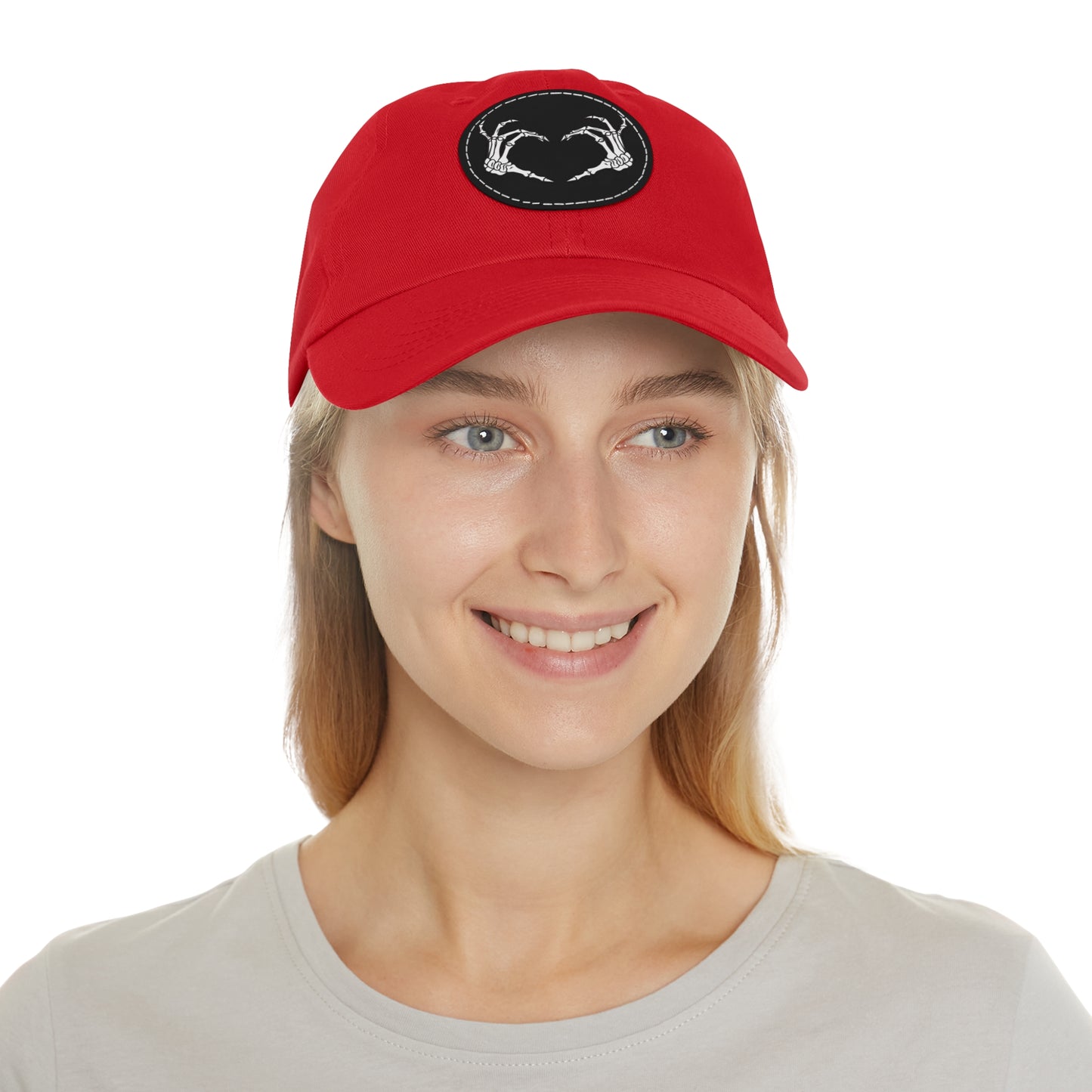 Skeleton Heart Hands Embroidery Dad Hat with Leather Patch (Round)