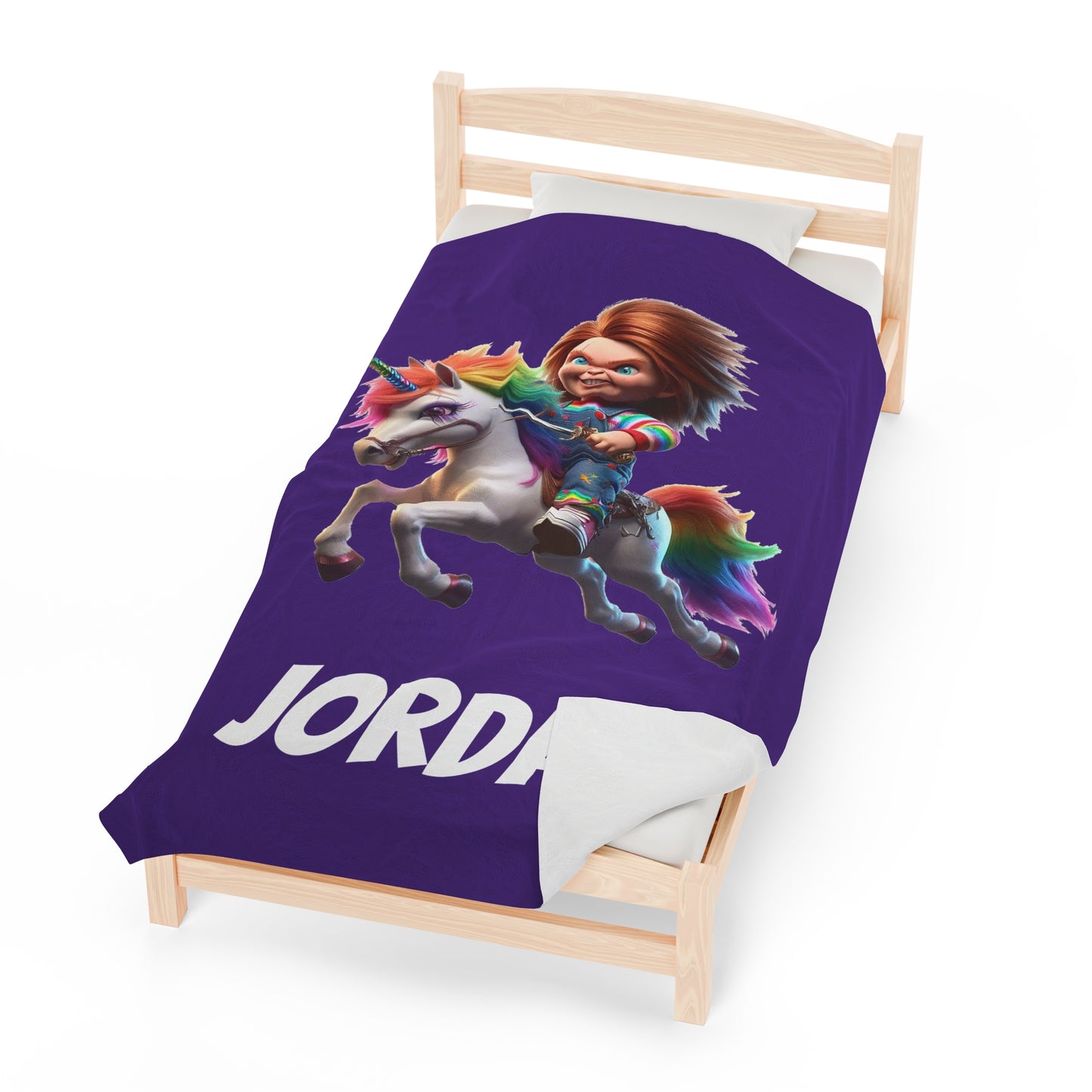 Chucky riding a Unicorn Velveteen Plush Blanket