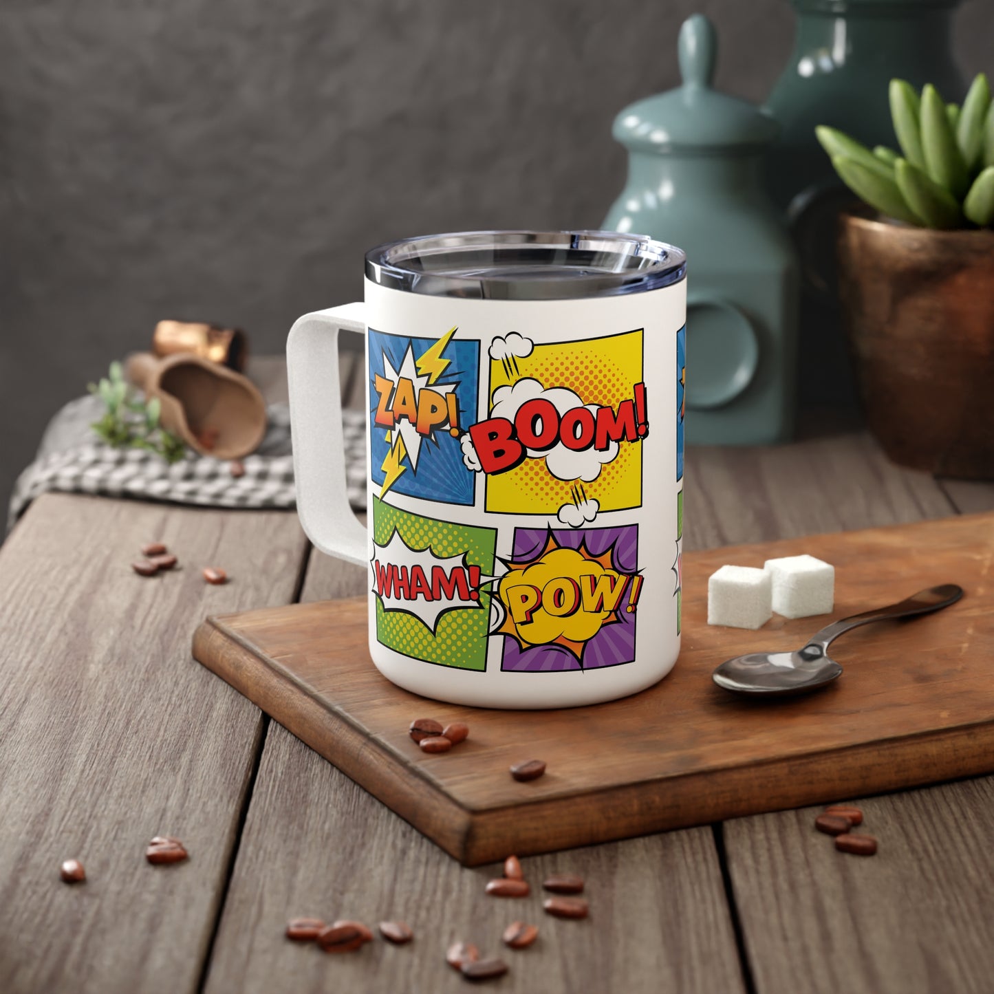 Pow! Bang! Zap! Cartoon Onomatopeias Insulated Coffee Mug, 10oz