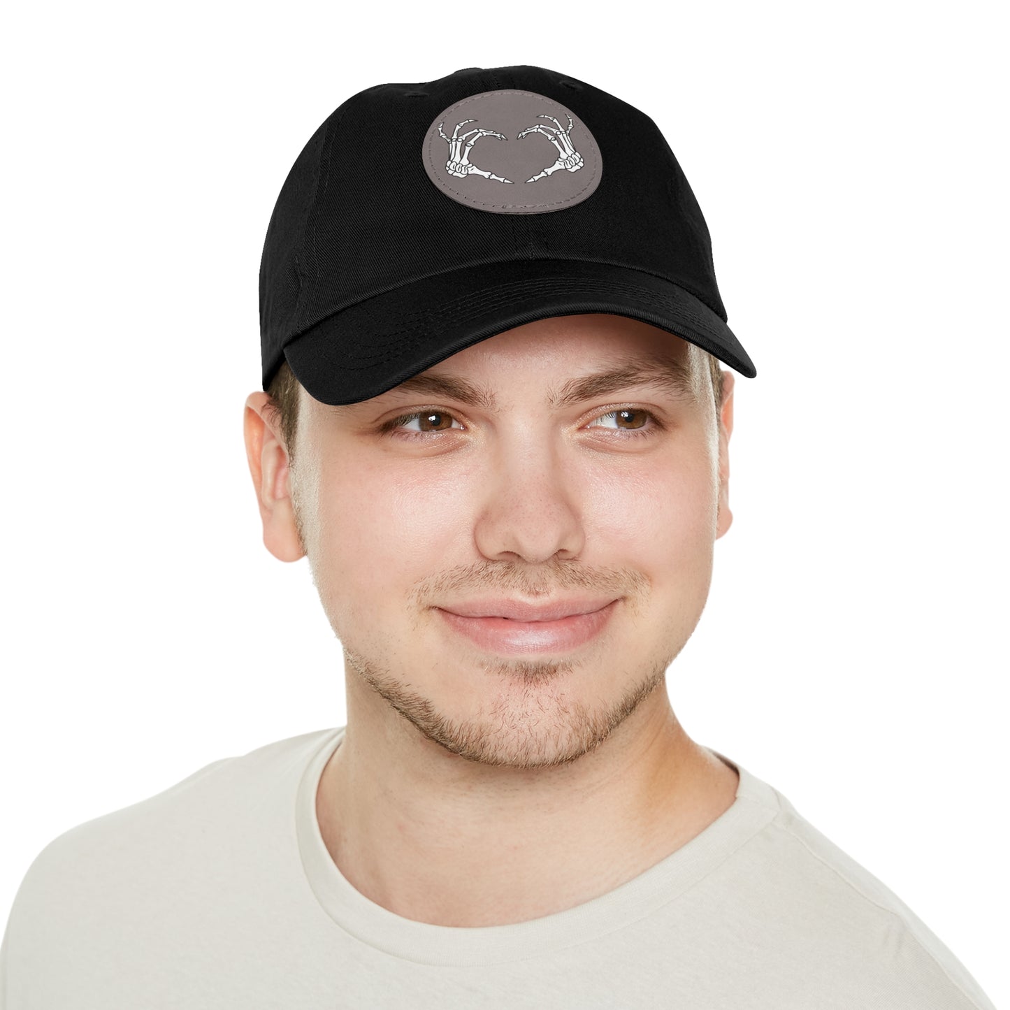 Skeleton Heart Hands Embroidery Dad Hat with Leather Patch (Round)