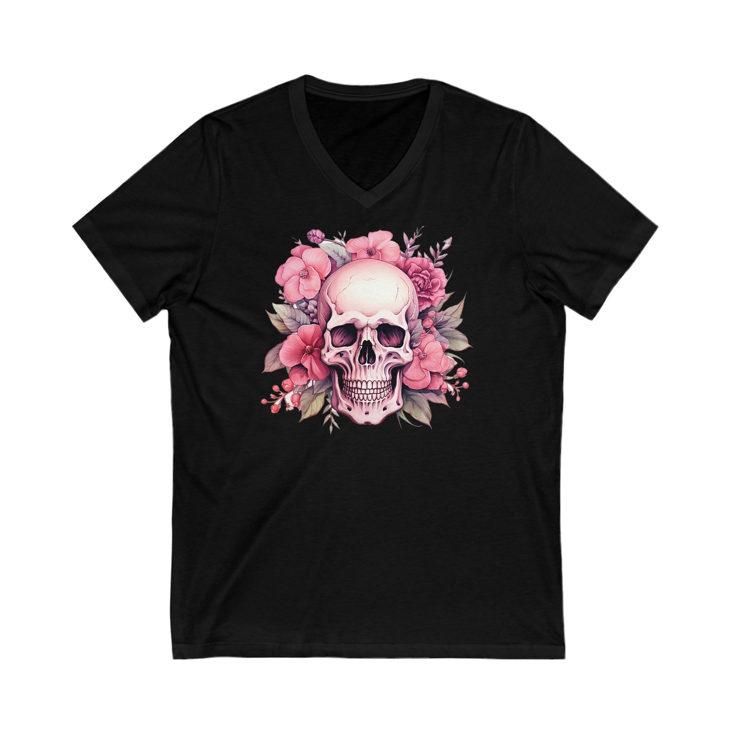 Pink Skull Breast Cancer Awareness Halloween Jersey Short Sleeve V-Neck Tee
