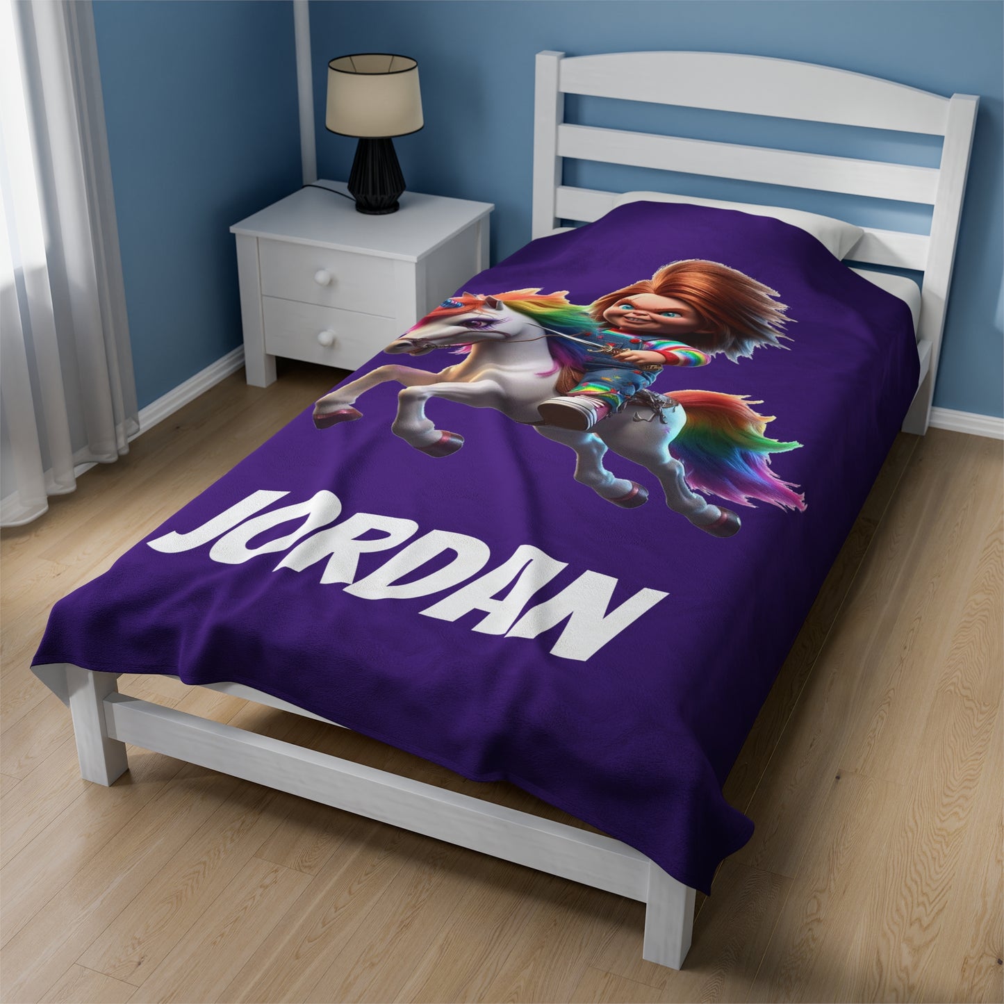 Chucky riding a Unicorn Velveteen Plush Blanket