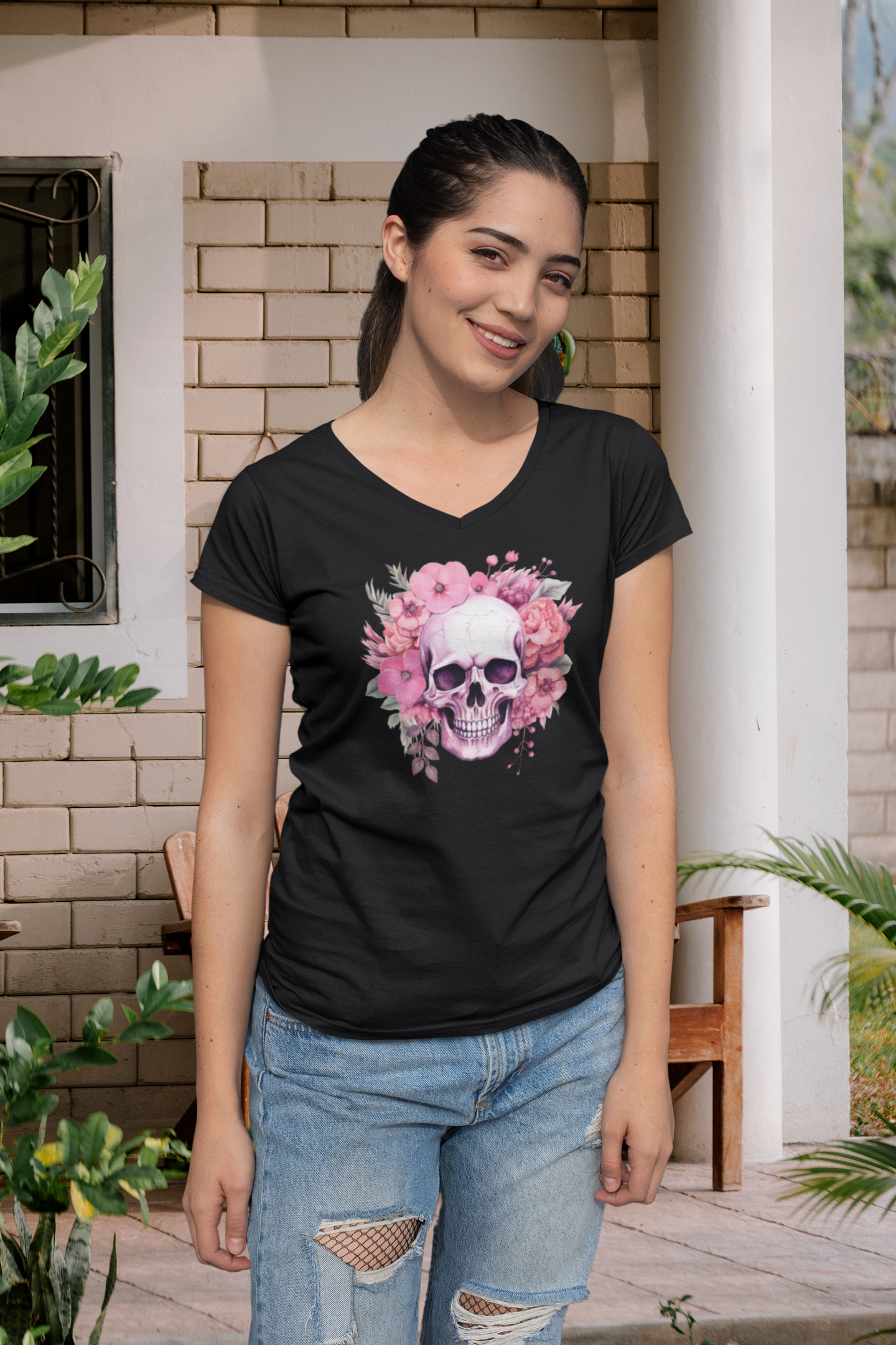 Pink Skull Breast Cancer Awareness Halloween Jersey Short Sleeve V-Neck Tee
