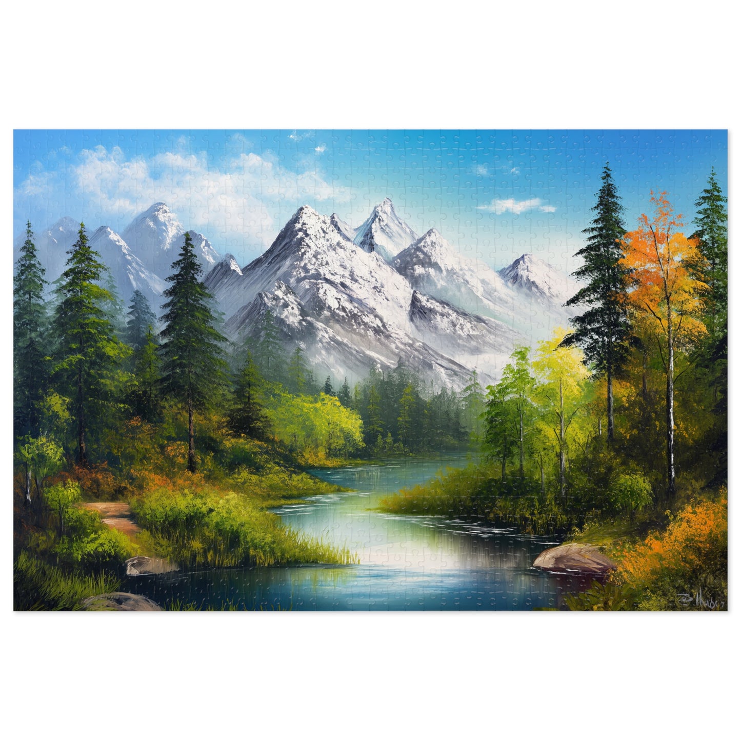 Bob Ross Style Mountain Scene Painting Jigsaw Puzzle (30, 110, 252, 500,1000-Piece)