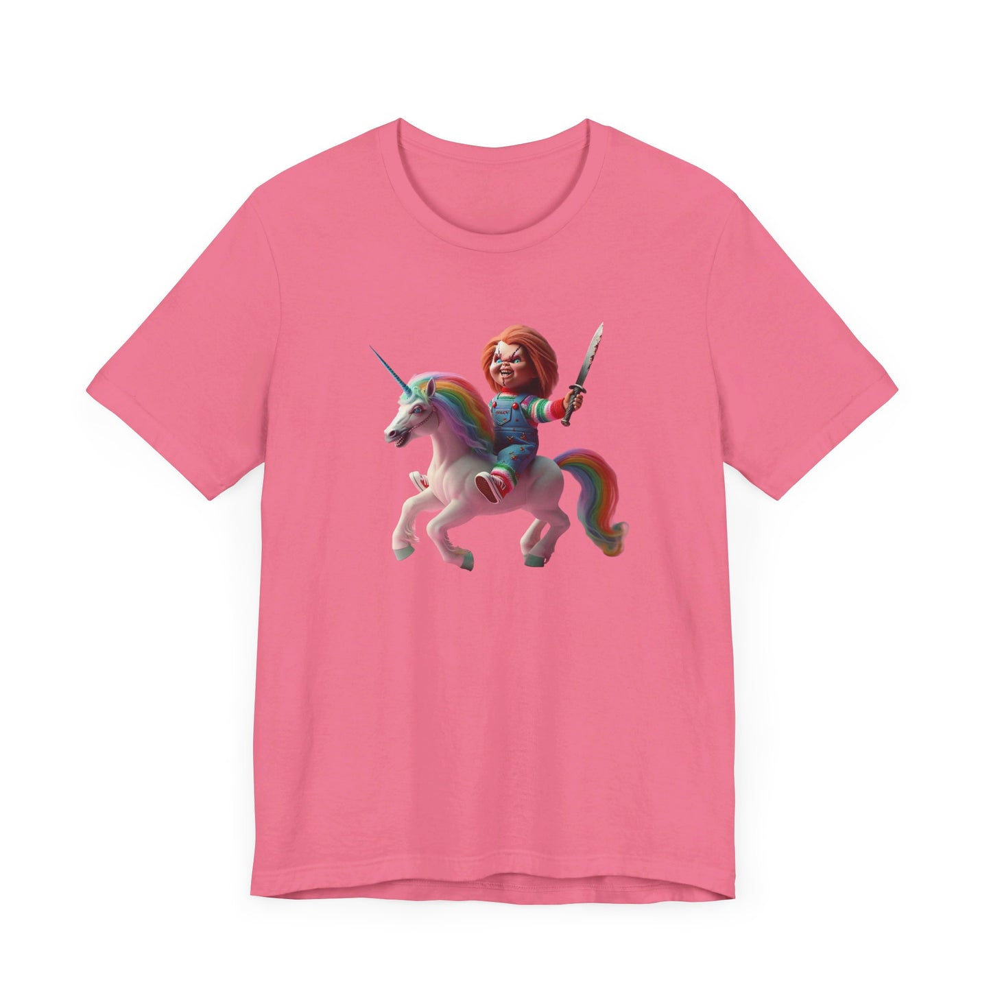 Chucky on his Unicorn!  Unisex Jersey Short Sleeve Tee