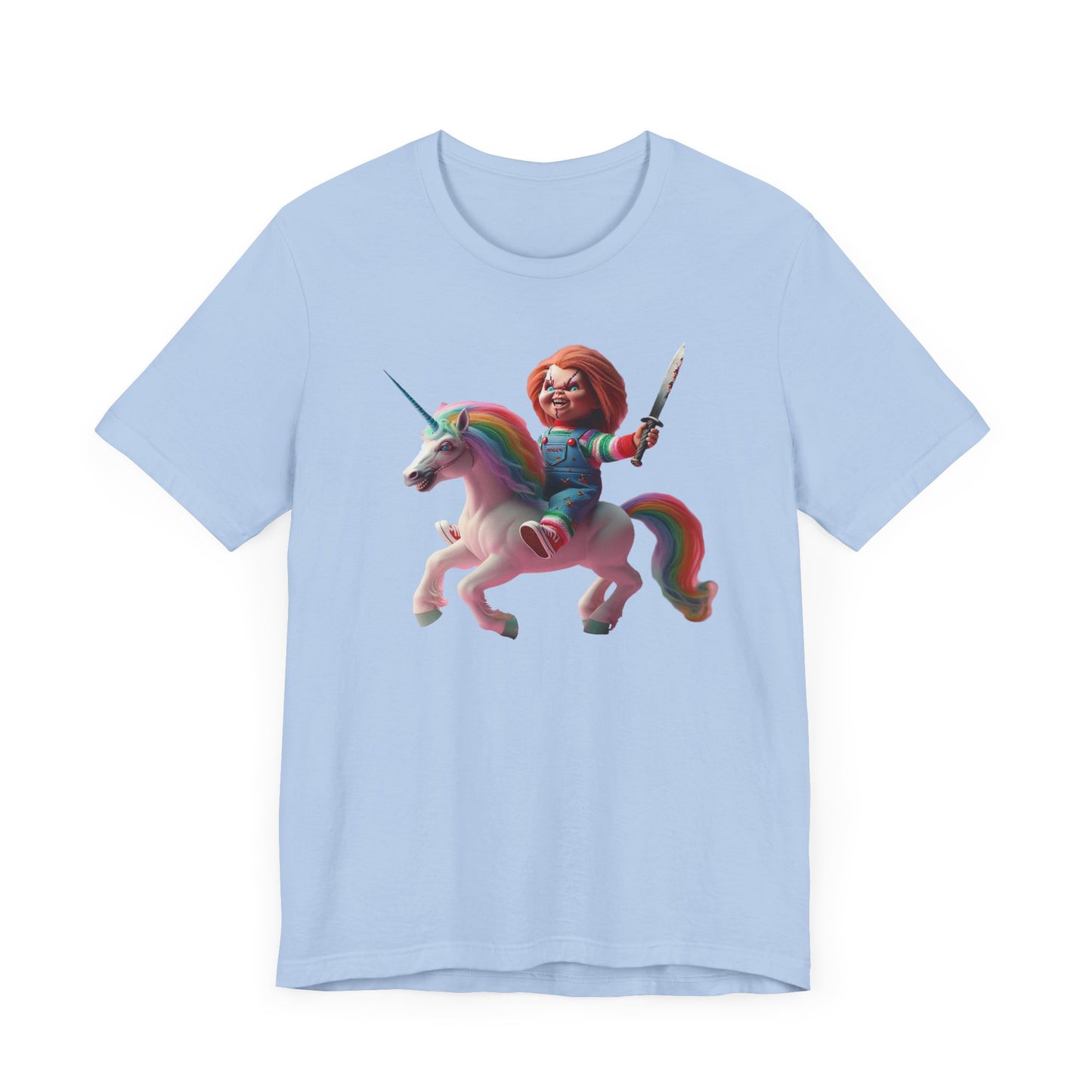 Chucky on his Unicorn!  Unisex Jersey Short Sleeve Tee