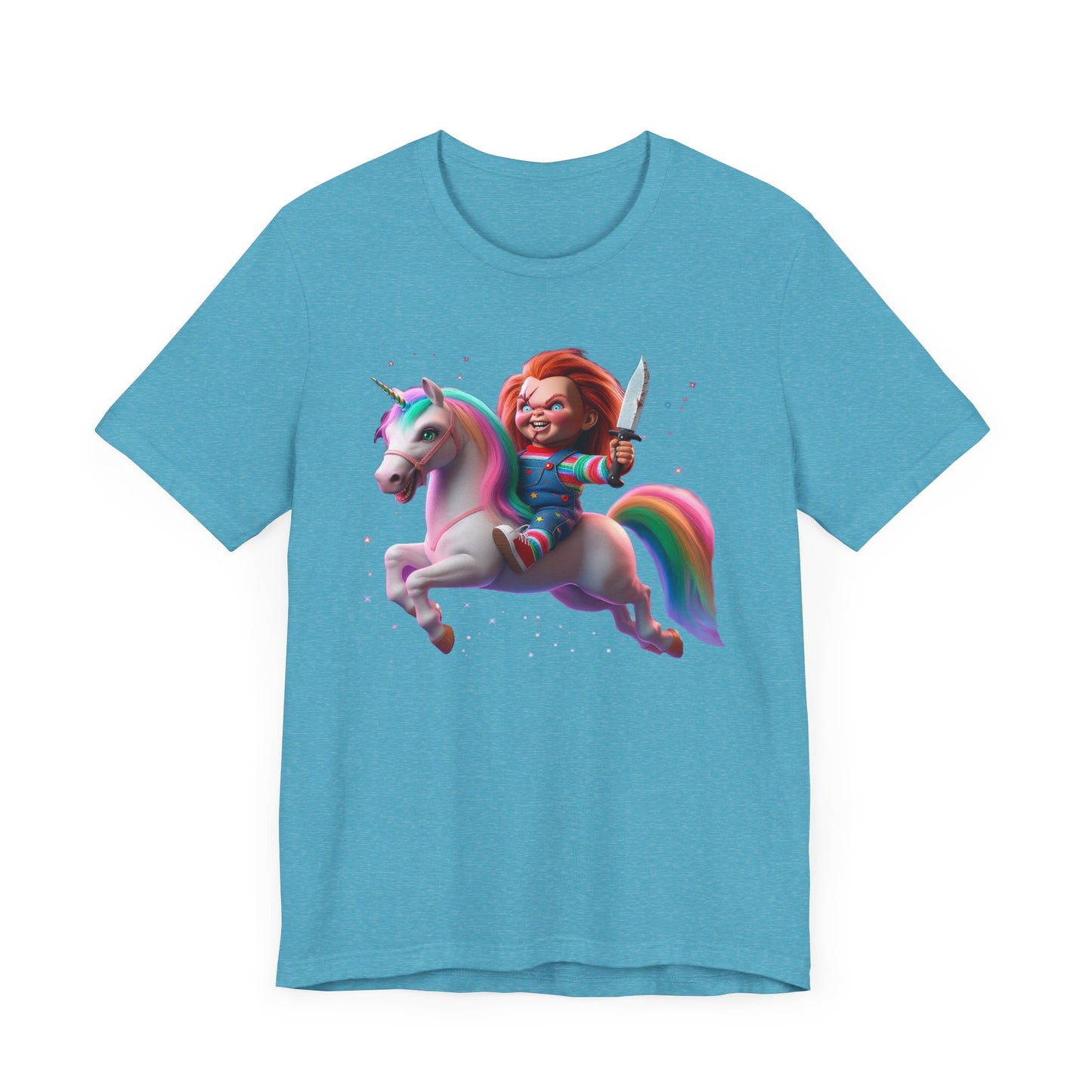 Chucky Riding a Unicorn! Unisex Jersey Short Sleeve Tee