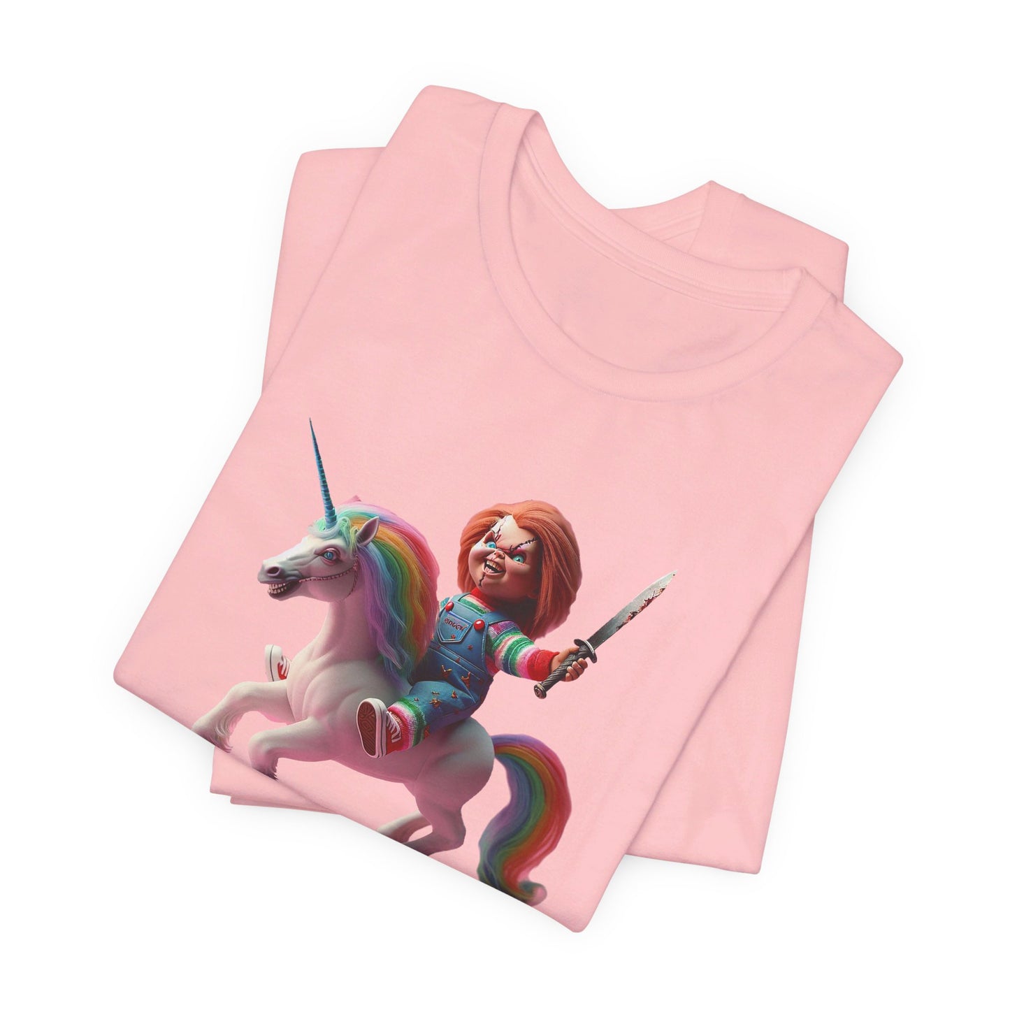 Chucky on his Unicorn!  Unisex Jersey Short Sleeve Tee