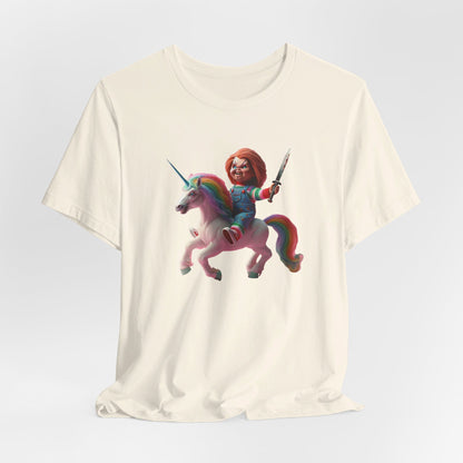 Chucky on his Unicorn!  Unisex Jersey Short Sleeve Tee