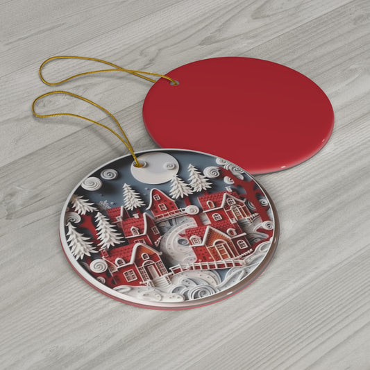 Red and White Christmas Village Ceramic Ornament