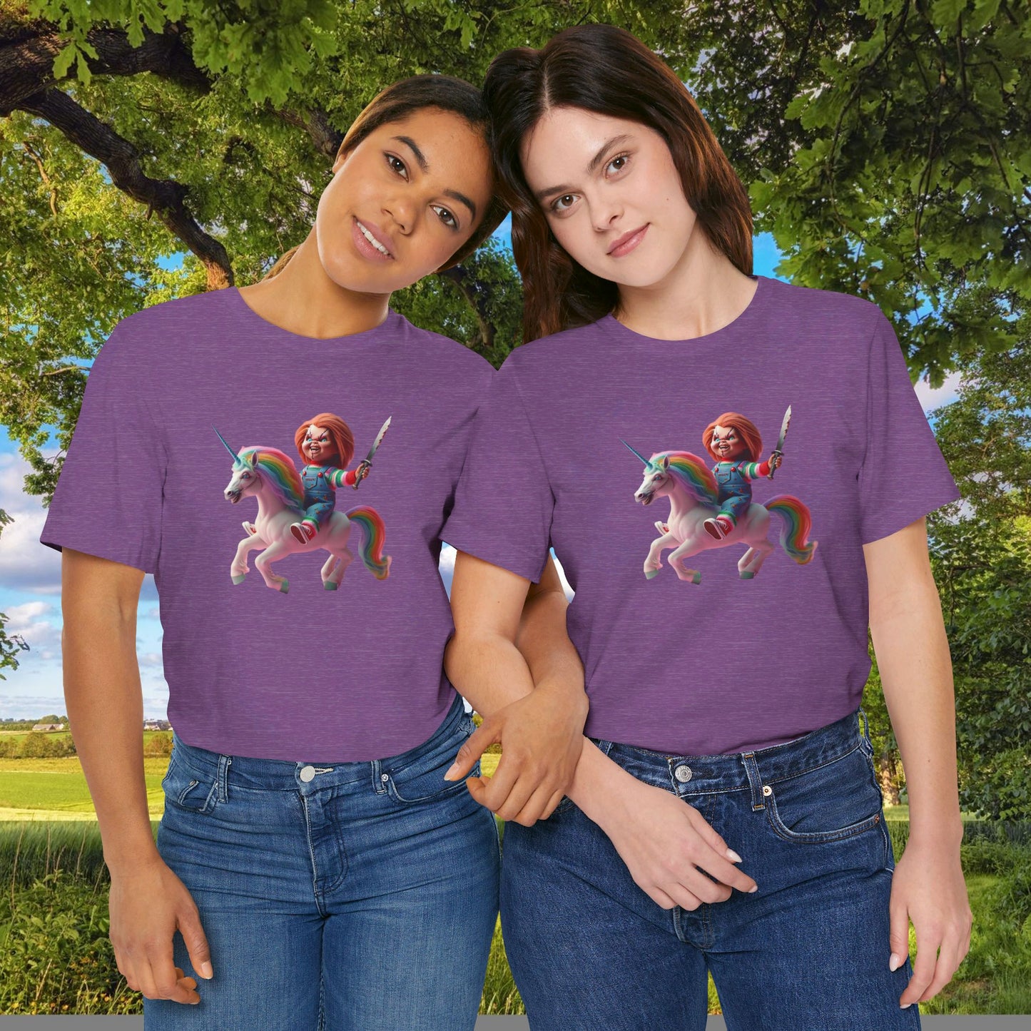 Chucky on his Unicorn!  Unisex Jersey Short Sleeve Tee