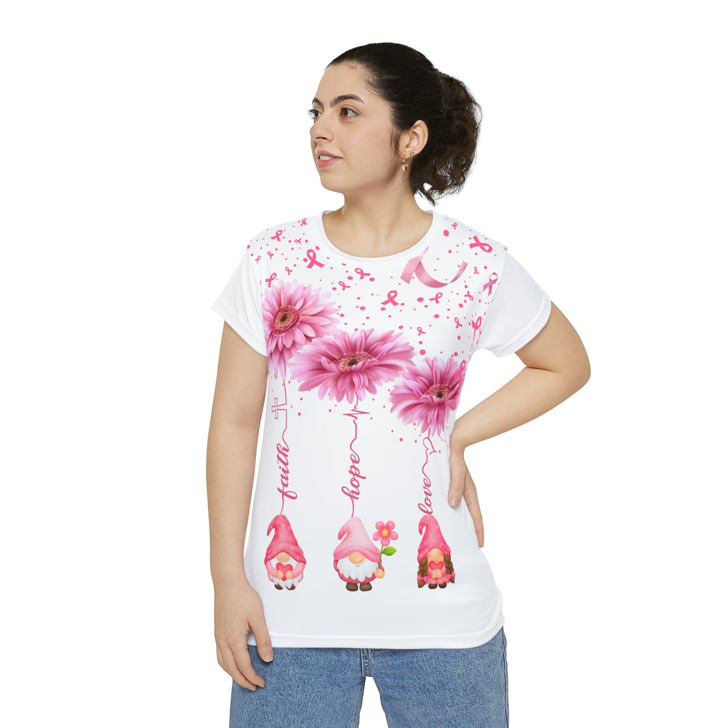 Faith Hope & Love Gnome Breast Cancer Awareness Women's Short Sleeve Shirt