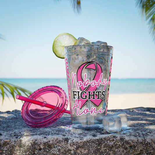 Nobody Fights Alone Breast Cancer Awareness Sunsplash Tumbler with Straw, 16oz