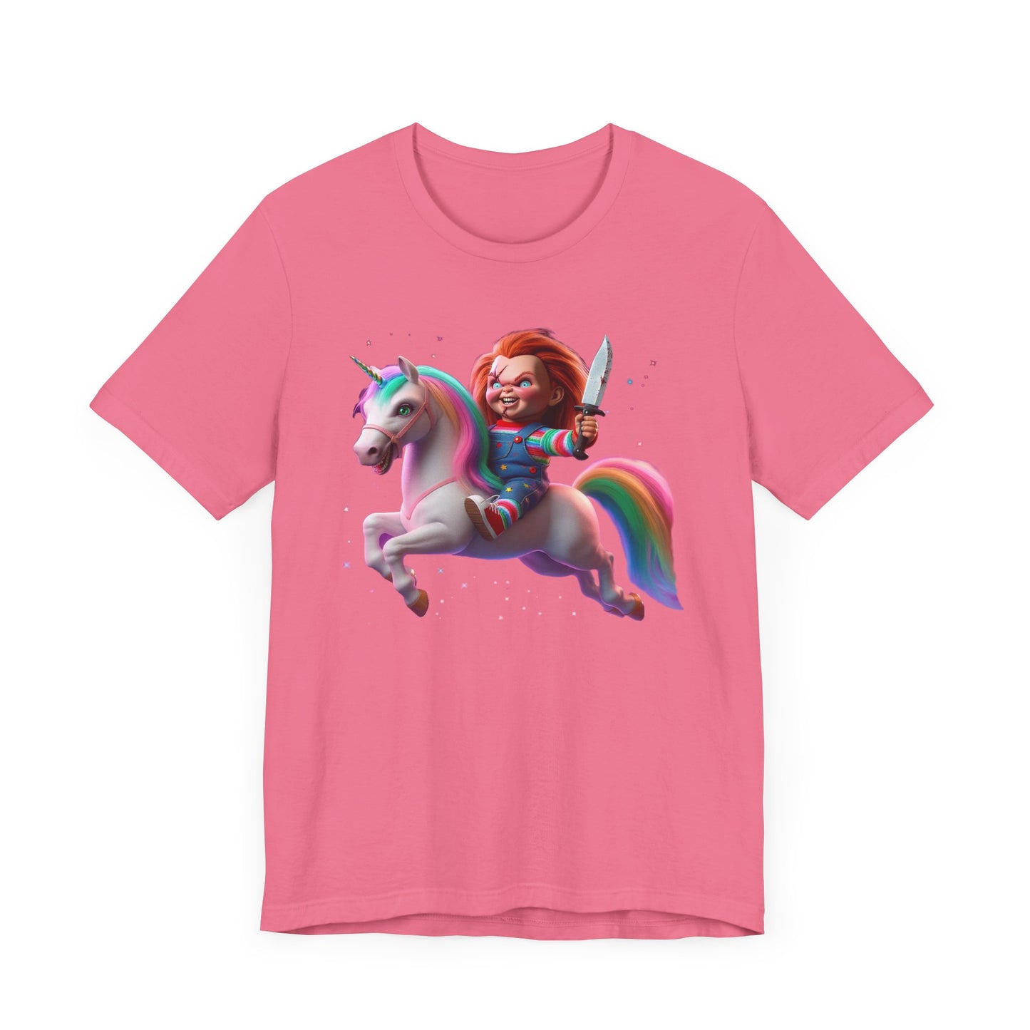 Chucky Riding a Unicorn! Unisex Jersey Short Sleeve Tee