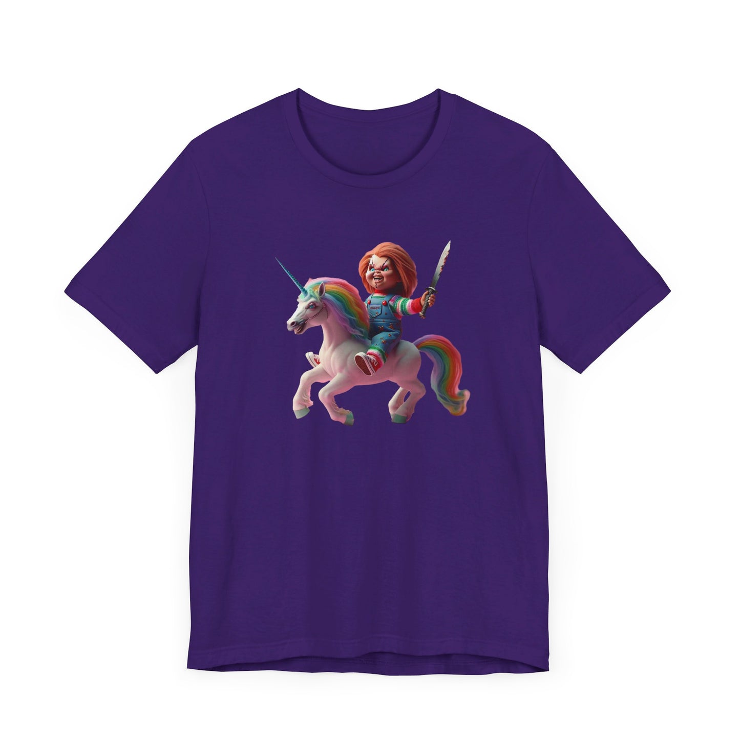 Chucky on his Unicorn!  Unisex Jersey Short Sleeve Tee