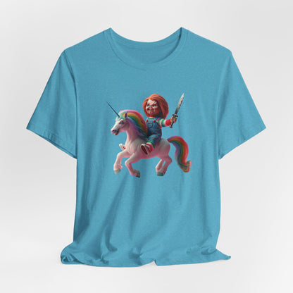 Chucky on his Unicorn!  Unisex Jersey Short Sleeve Tee