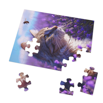 Cat and Bee in a Field of Purple Flowers  Jigsaw Puzzle (30, 110, 252, 500,1000-Piece)