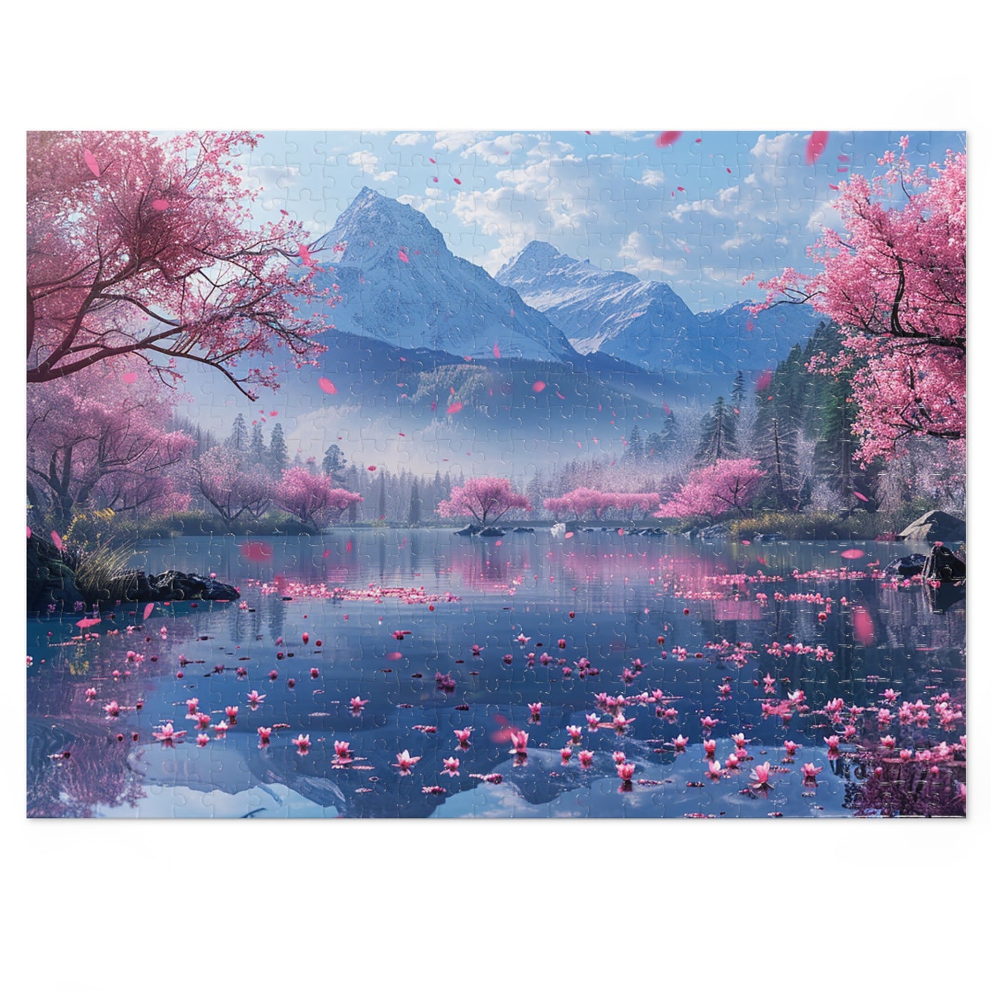 Japan Landscape Lake with Cherry Blossoms  Jigsaw Puzzle (30, 110, 252, 500,1000-Piece)