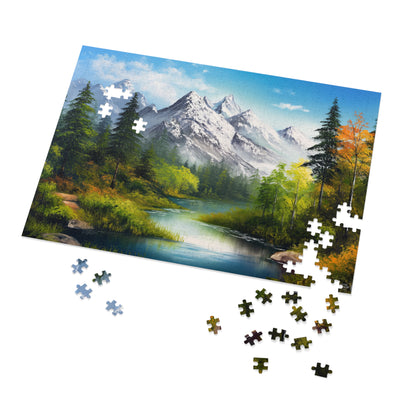 Bob Ross Style Mountain Scene Painting Jigsaw Puzzle (30, 110, 252, 500,1000-Piece)