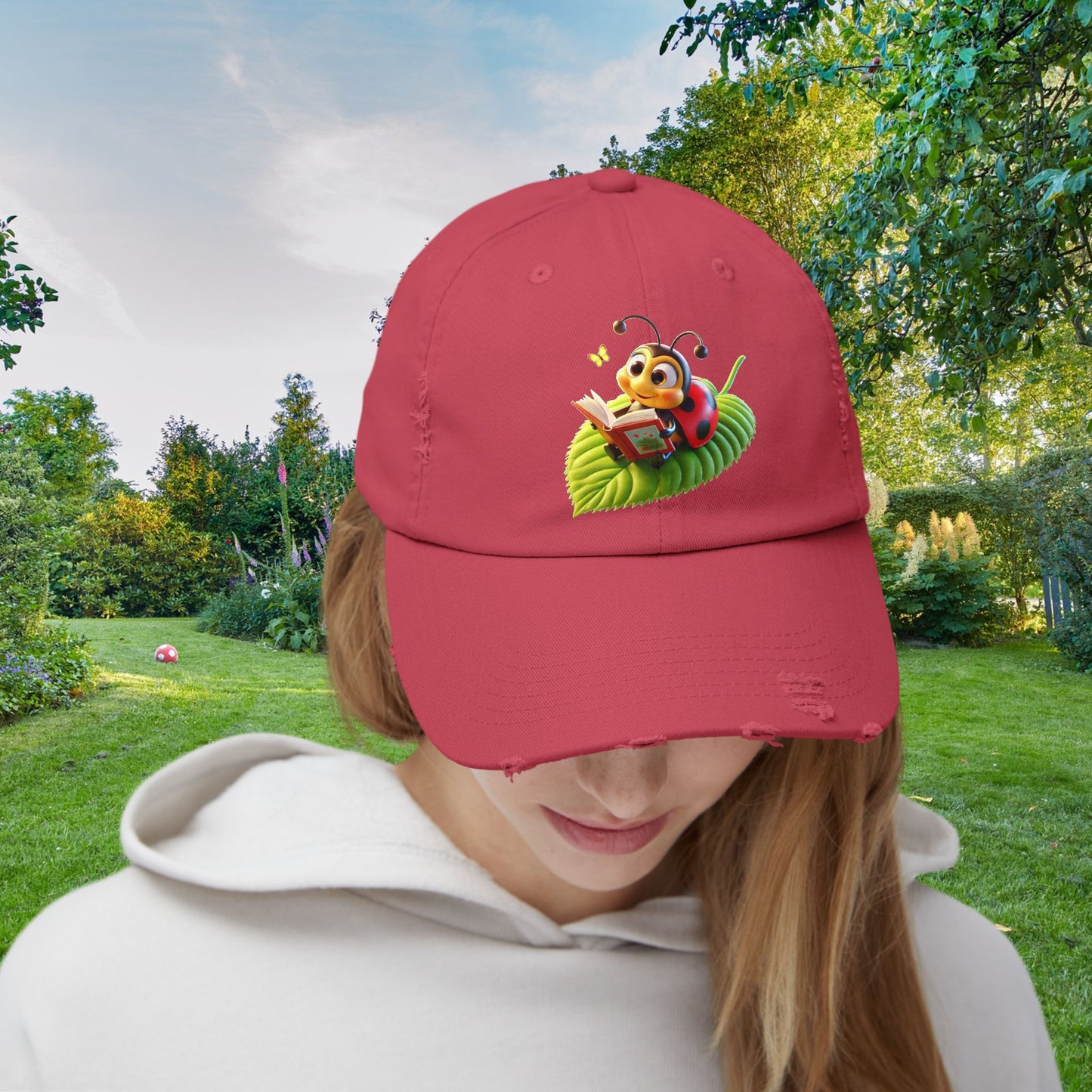 The Ladybug Reading Her Book   Distressed Cap - Unisex