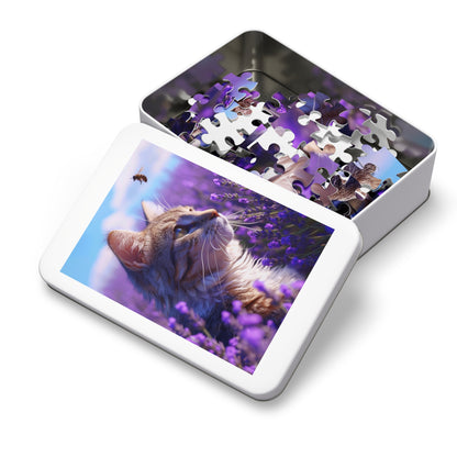 Cat and Bee in a Field of Purple Flowers  Jigsaw Puzzle (30, 110, 252, 500,1000-Piece)