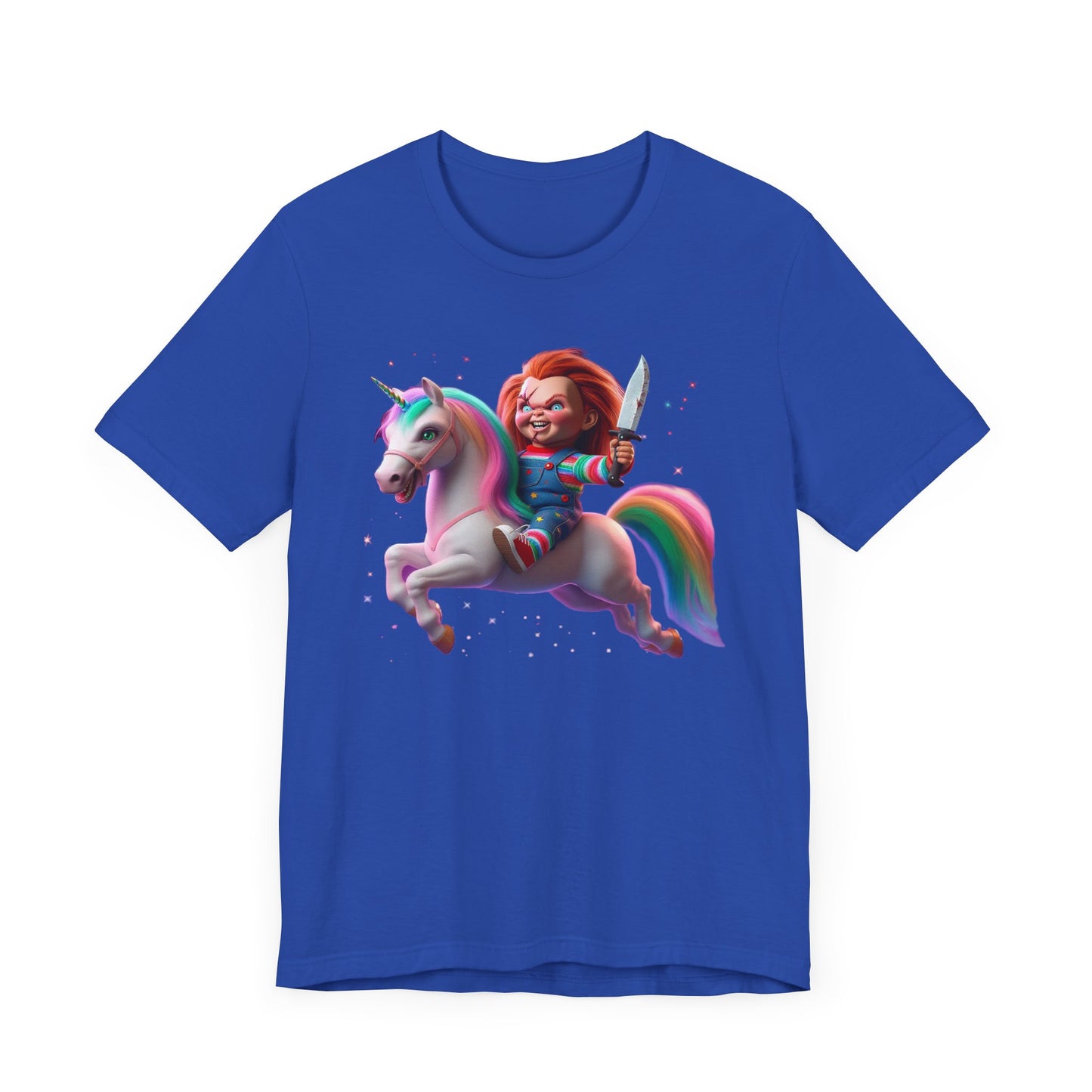 Chucky Riding a Unicorn! Unisex Jersey Short Sleeve Tee