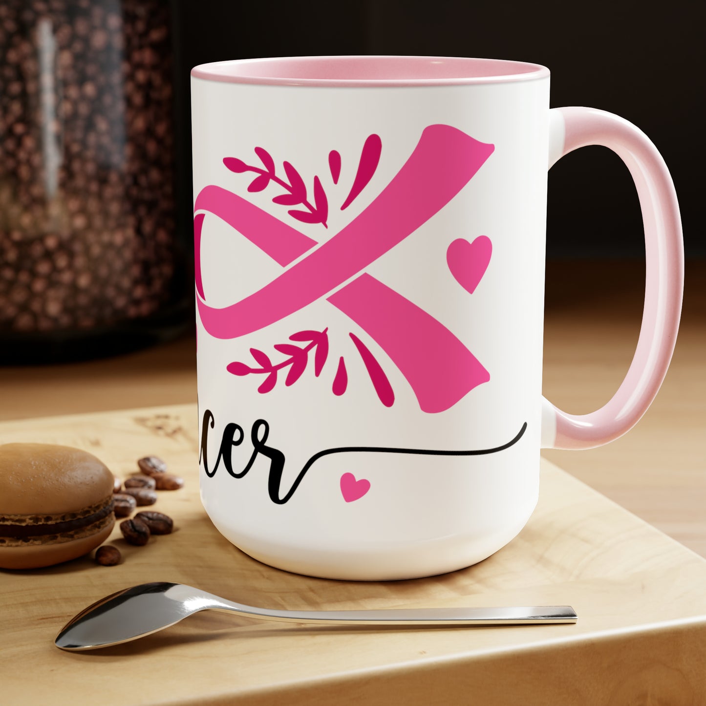 Breast Cancer Awareness Fuck Cancer Pink Ribbon Two-Tone Coffee Mugs, 15oz