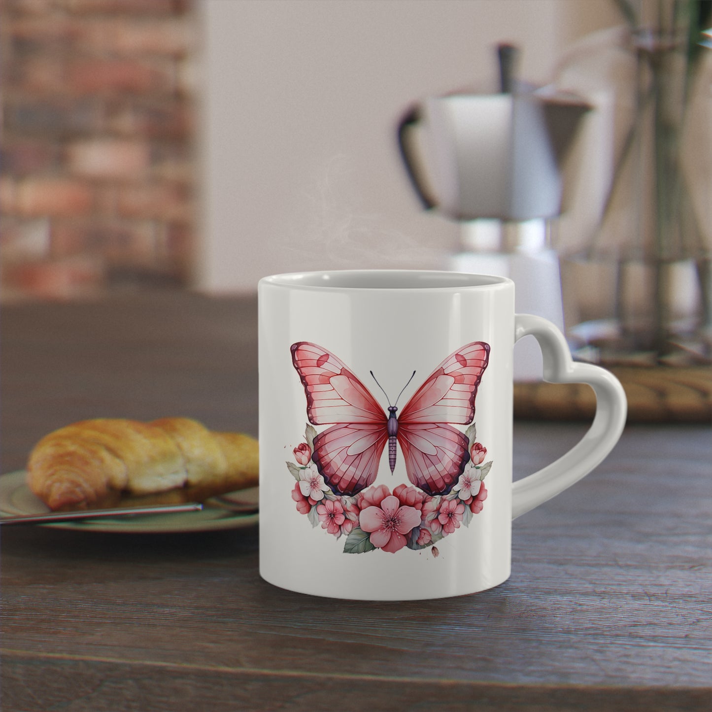 Beautiful Pink Butterfly Heart-Shaped Mug