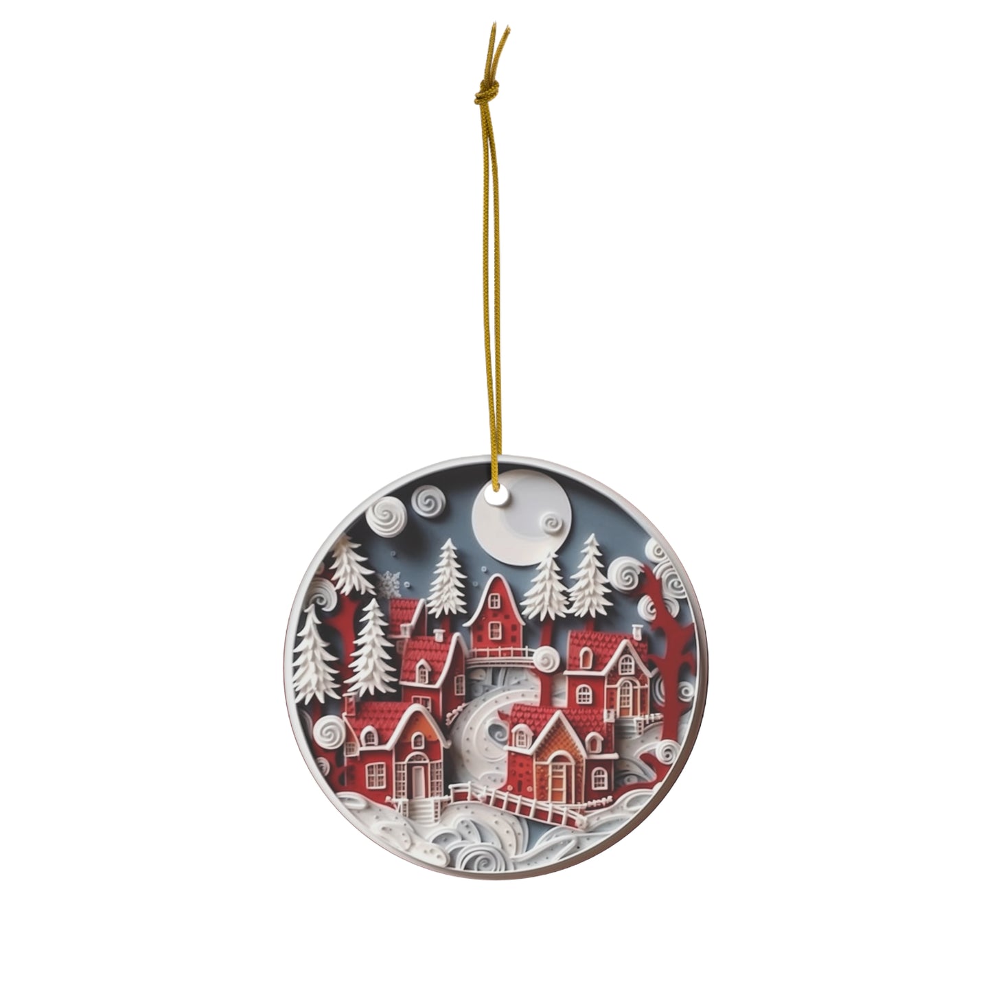 Red and White Christmas Village Ceramic Ornament