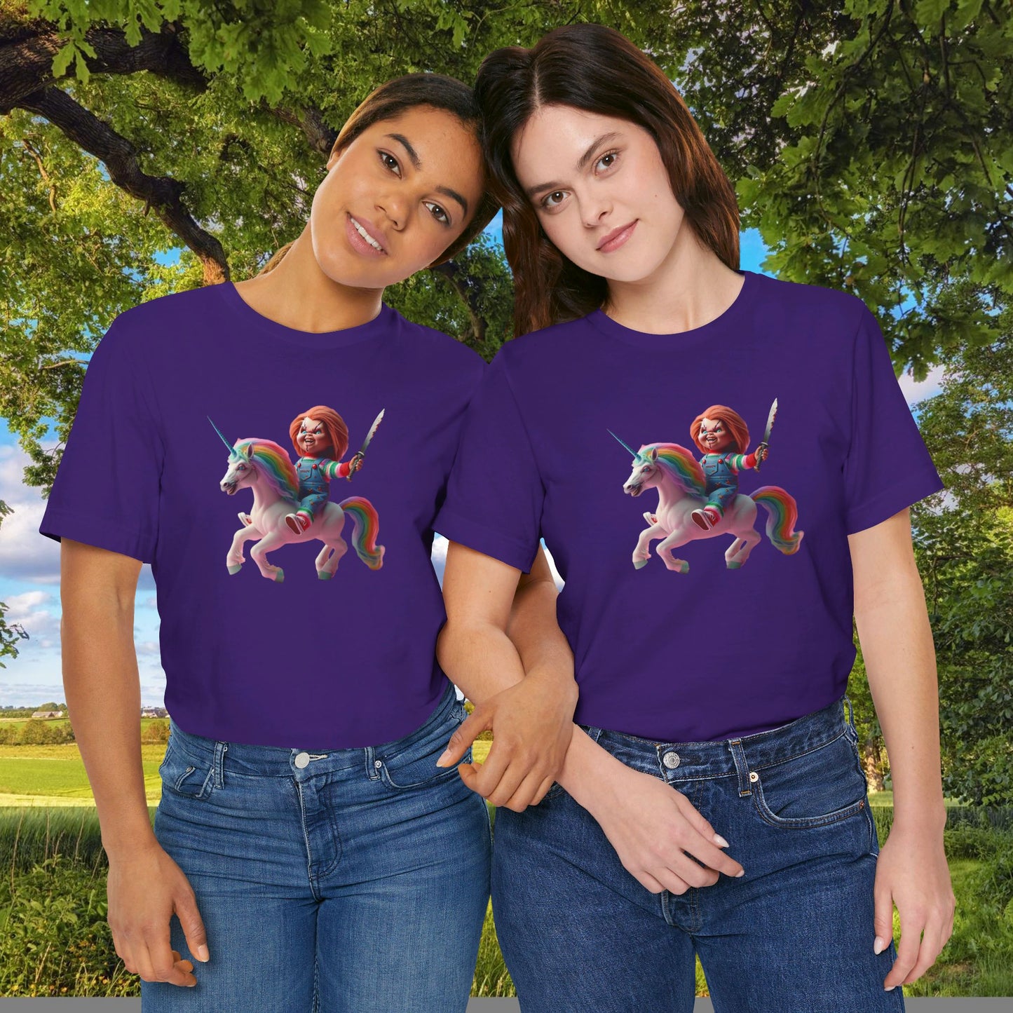 Chucky on his Unicorn!  Unisex Jersey Short Sleeve Tee