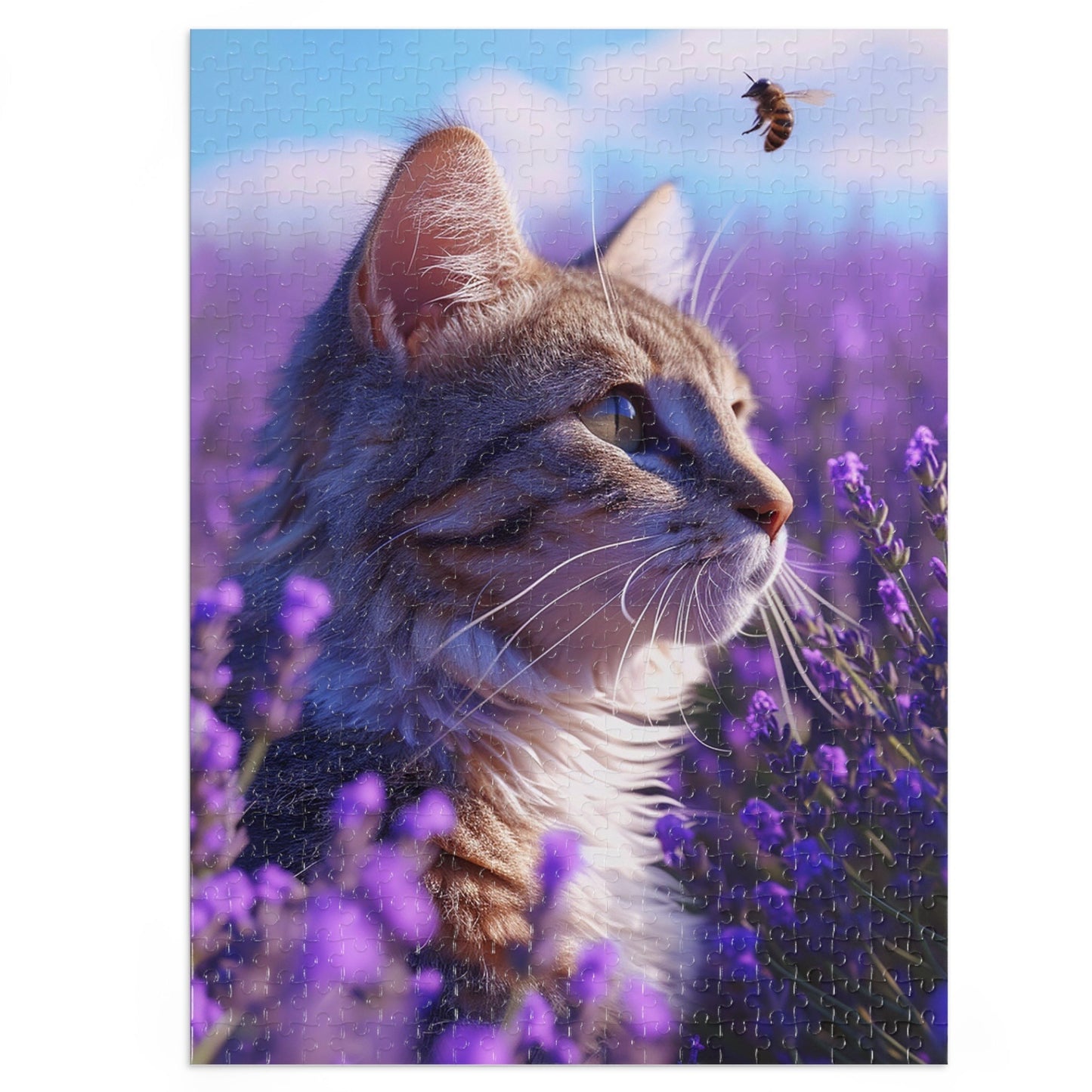 Cat and Bee in a Field of Purple Flowers  Jigsaw Puzzle (30, 110, 252, 500,1000-Piece)