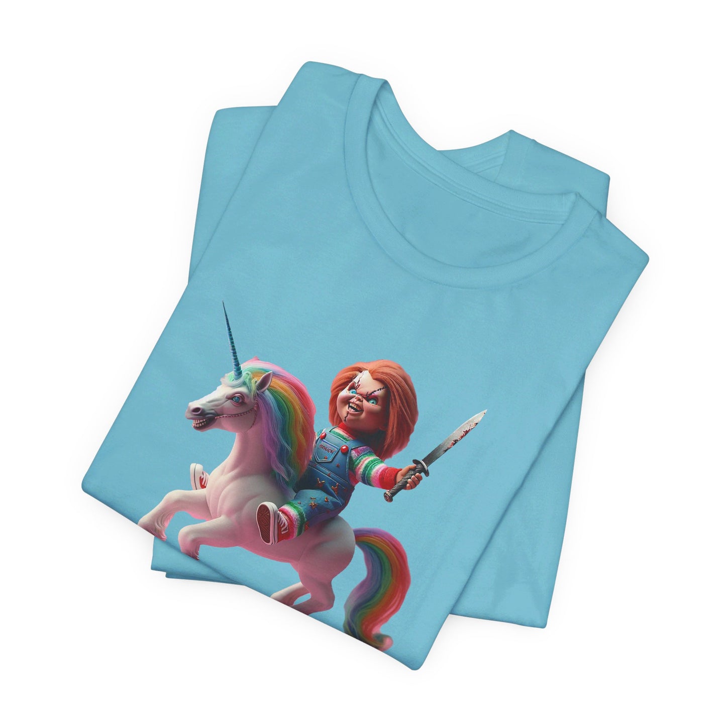 Chucky on his Unicorn!  Unisex Jersey Short Sleeve Tee