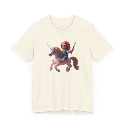 Chucky on his Unicorn!  Unisex Jersey Short Sleeve Tee